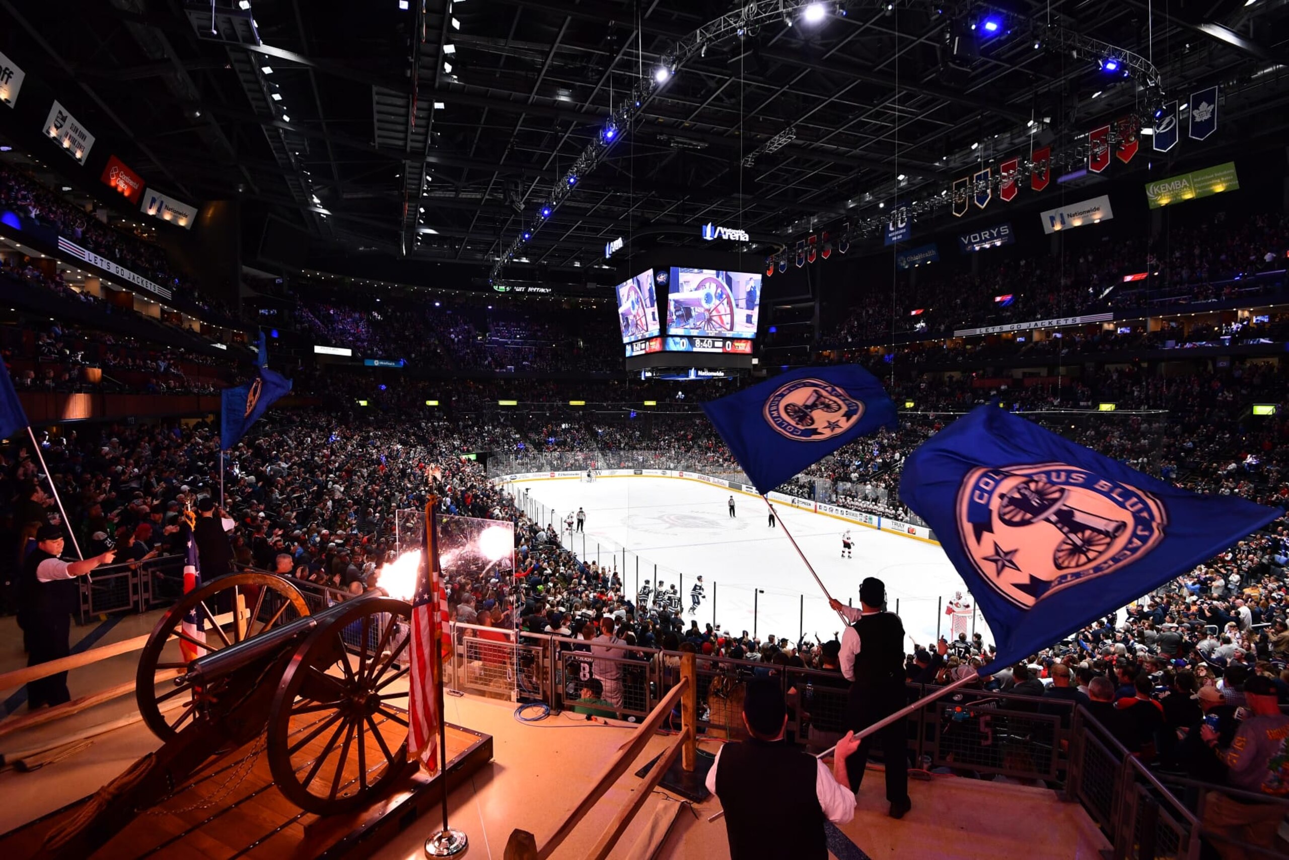 COLUMBUS, OH - APRIL 22: The cannon goes off after Jack Roslovic #96 of the Columbus Blue Jackets scores a goal against the Ottawa Senators during the first period at Nationwide Arena on April 22, 2022 in Columbus, Ohio.  (Photo by Ben Jackson/NHLI via Getty Images)