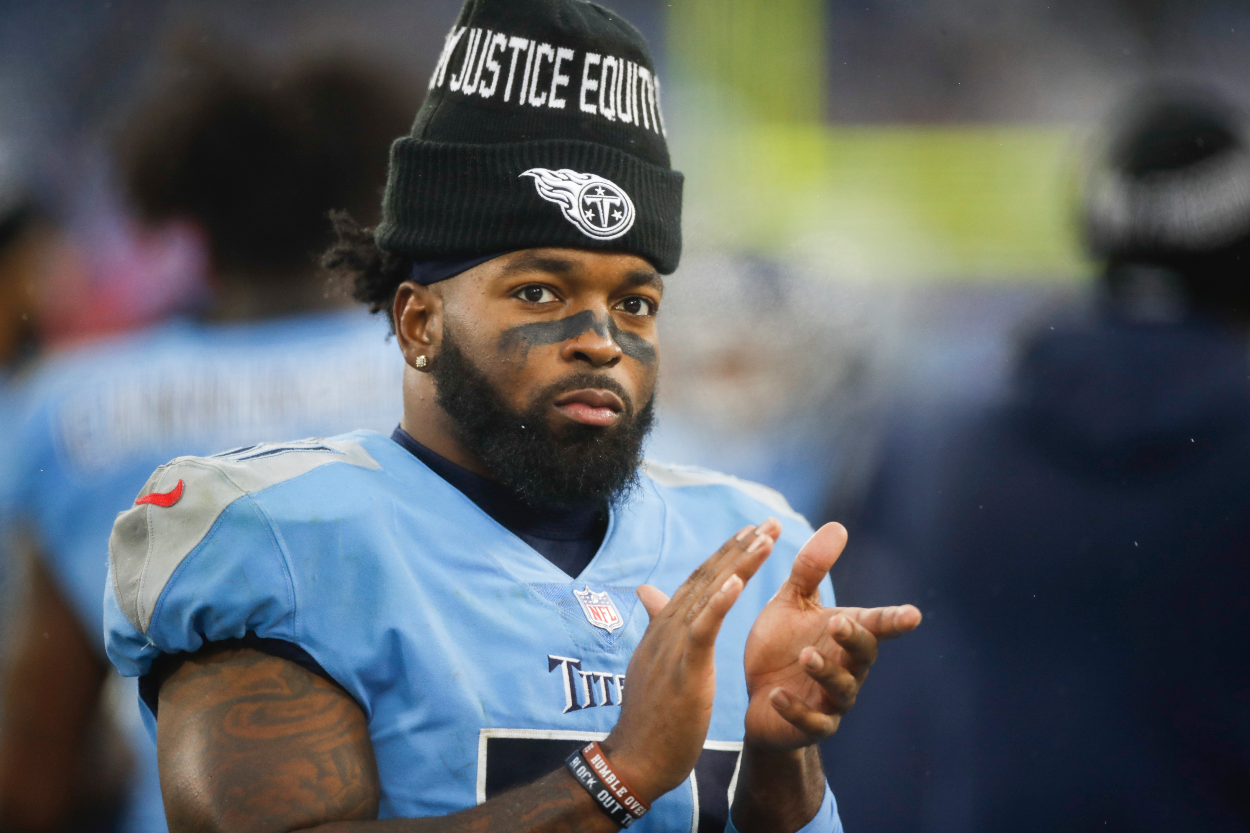 NASHVILLE, TENNESSEE - JANUARY 02: David Long #51 of the Tennessee Titans on the sidelines after catching an interception from the Miami Dolphins during the second half of the game at Nissan Stadium on January 02, 2022 in Nashville, Tennessee. (Photo by Silas Walker/Getty Images)