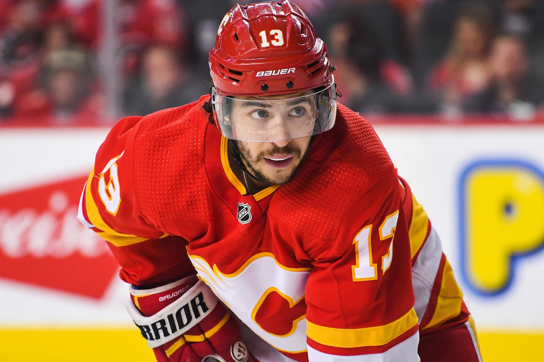 CALGARY, AB - MAY 26: Johnny Gaudreau #13 of the Calgary Flames in action against the Edmonton Oilers during Game Five of the Second Round of the 2022 Stanley Cup Playoffs at Scotiabank Saddledome on May 26, 2022 in Calgary, Alberta, Canada. The Oilers defeated the Flames 5-4 in overtime to win the series four games to one. (Photo by Derek Leung/Getty Images)
