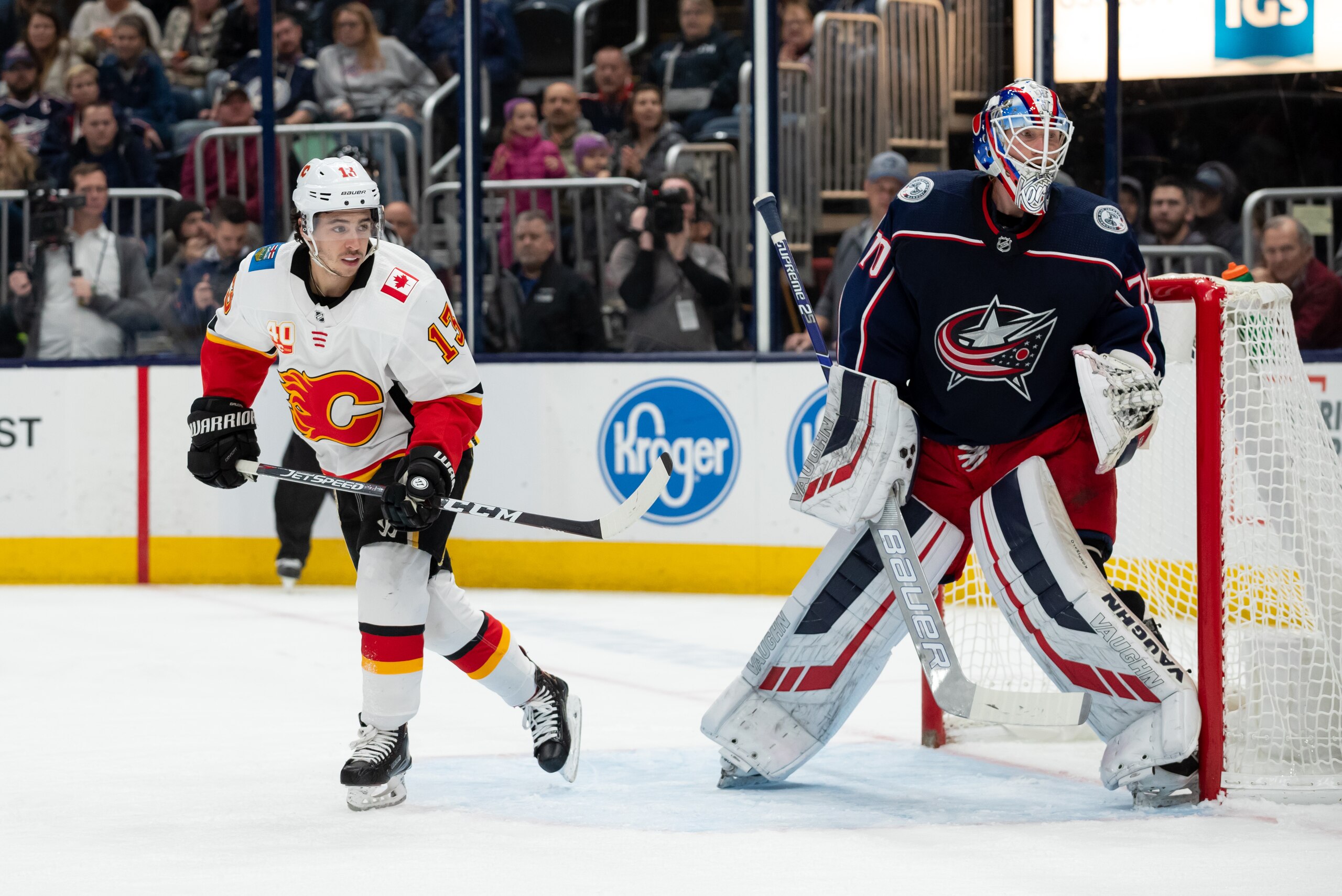 COLUMBUS, OH - NOVEMBER 02: Johnny Gaudreau #13 of the Calgary Flames during game action between the Columbus Blue Jackets and the Calgary Flames on November 02, 2019, at Nationwide Arena in Columbus, OH. (Photo by Adam Lacy/Icon Sportswire via Getty Images)