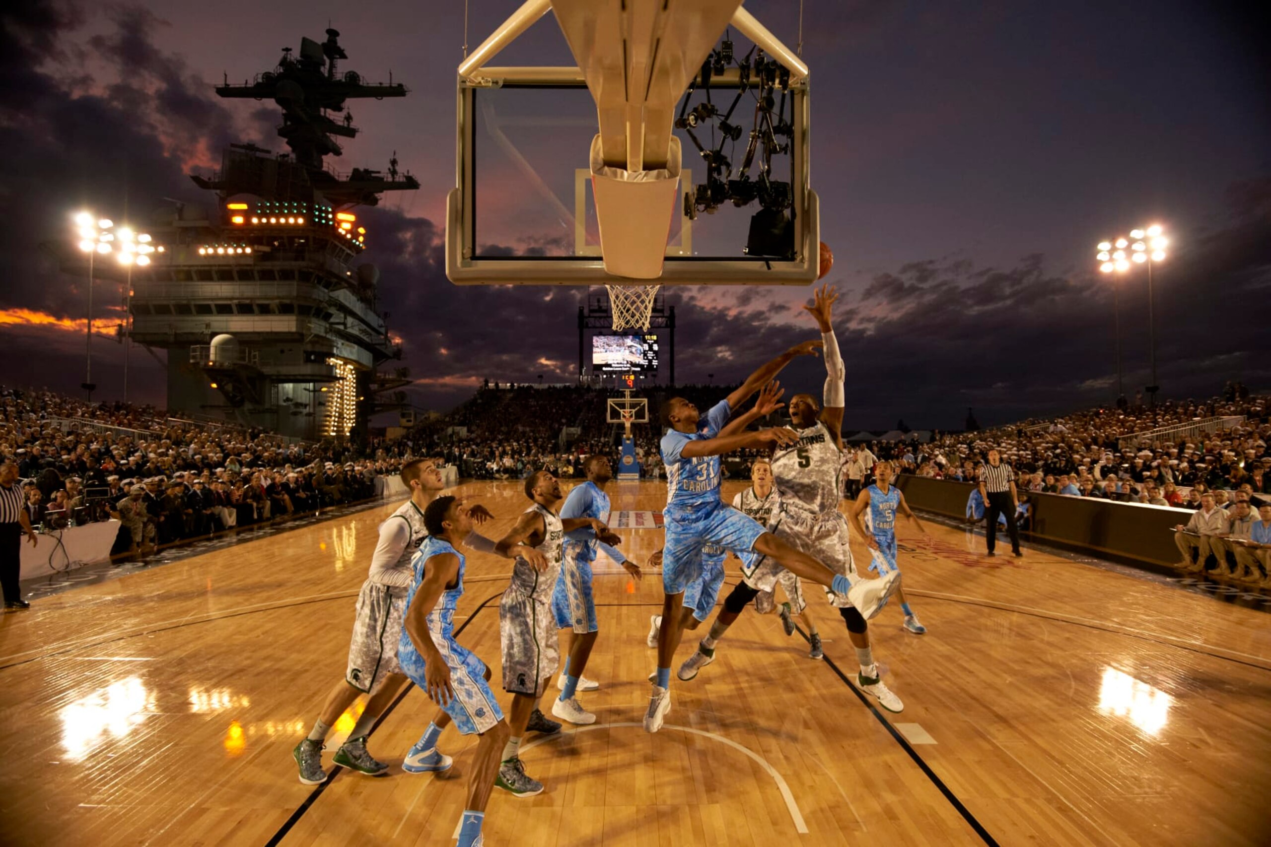 College Basketball: Quicken Loans Carrier Classic: Michigan State Adreian Payne (5) in action, shot vs North Carolina John Henson (31) aboard USS Carl Vinson (CVN-70) aircraft carrier docked in Naval Air Station North Island. Veterans Day.
San Diego, CA 11/11/2011
CREDIT: John W. McDonough (Photo by John W. McDonough /Sports Illustrated via Getty Images)
(Set Number: X86610 TK1 R2 F71 ) College Basketball: Quicken Loans Carrier Classic: Michigan State Adreian Payne (5) in action, shot vs North Carolina John Henson (31) aboard USS Carl Vinson (CVN-70) aircraft carrier docked in Naval Air Station North Island. Veterans Day.
San Diego, CA 11/11/2011
CREDIT: John W. McDonough (Photo by John W. McDonough /Sports Illustrated via Getty Images)
(Set Number: X86610 TK1 R2 F71 )