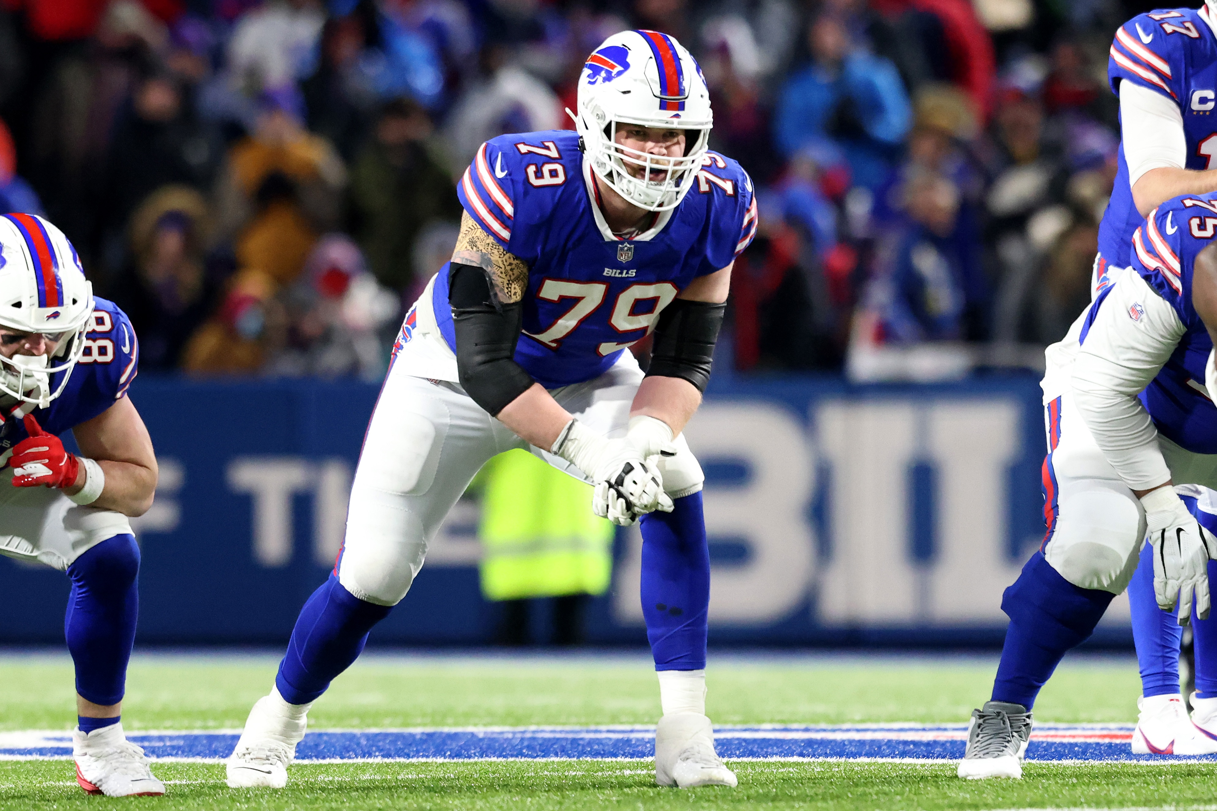 ORCHARD PARK, NEW YORK - JANUARY 09: Spencer Brown #79 of the Buffalo Bills waits for the snap during the third quarter against the New York Jets at Highmark Stadium on January 09, 2022 in Orchard Park, New York. (Photo by Bryan Bennett/Getty Images)