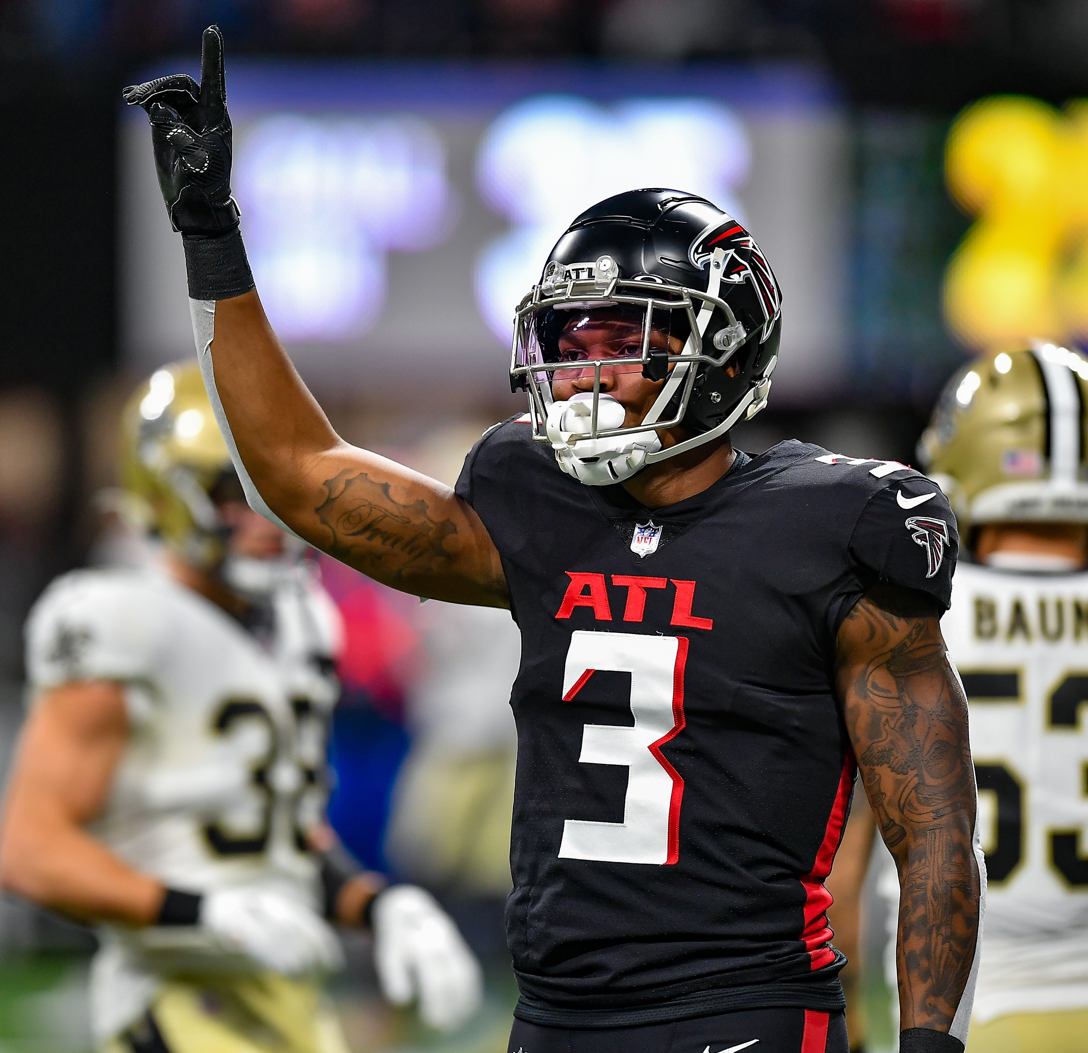 ATLANTA, GA  JANUARY 09:  Atlanta linebacker Mykal Walker (3) reacts after a defensive stop during the NFL game between the New Orleans Saints and the Atlanta Falcons on January 9th, 2022 at Mercedes-Benz Stadium in Atlanta, GA.  (Photo by Rich von Biberstein/Icon Sportswire via Getty Images)