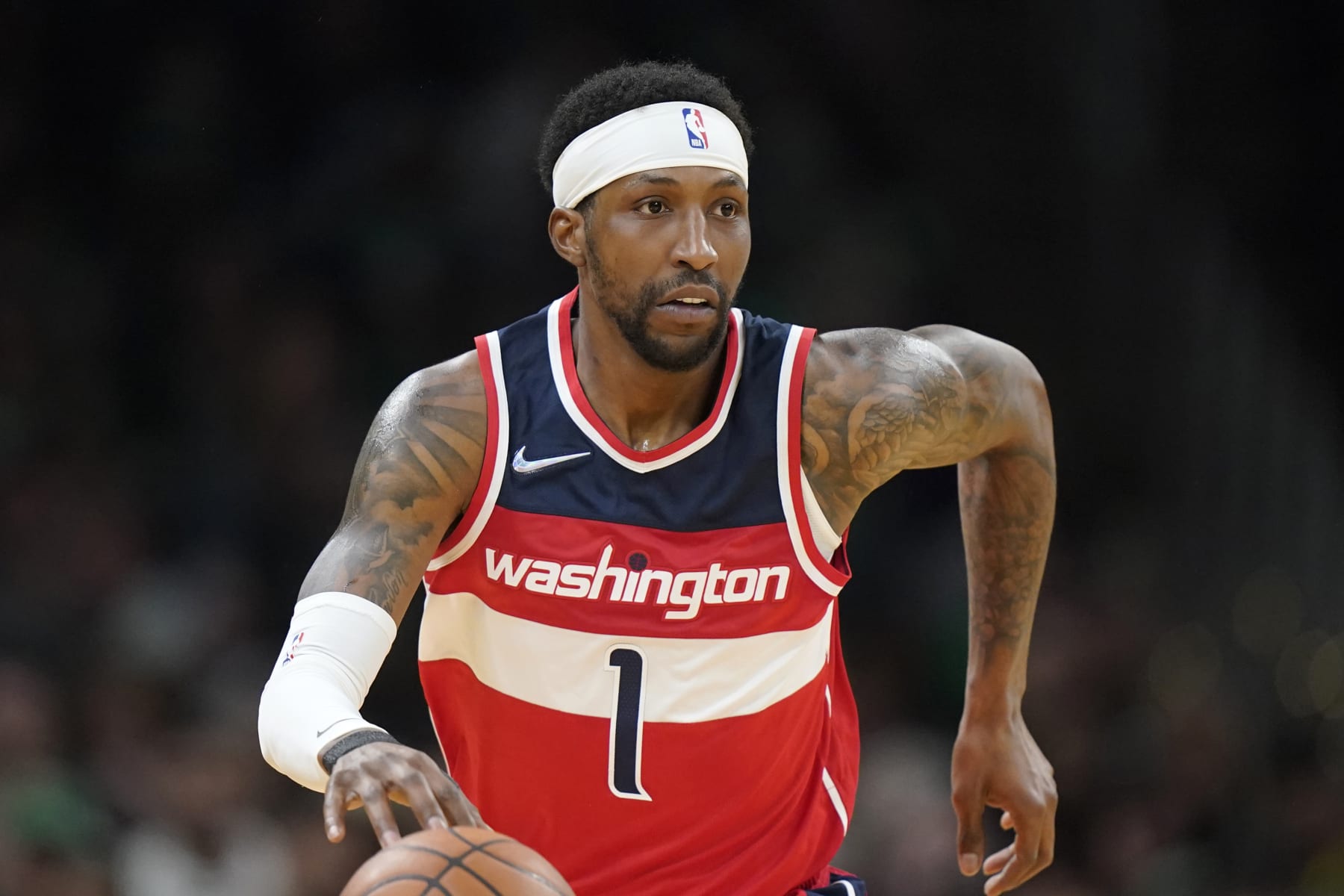 Washington Wizards guard Kentavious Caldwell-Pope (1) in the second half of an NBA basketball game against the Boston Celtics, Sunday, April 3, 2022, in Boston. (AP Photo/Steven Senne)
