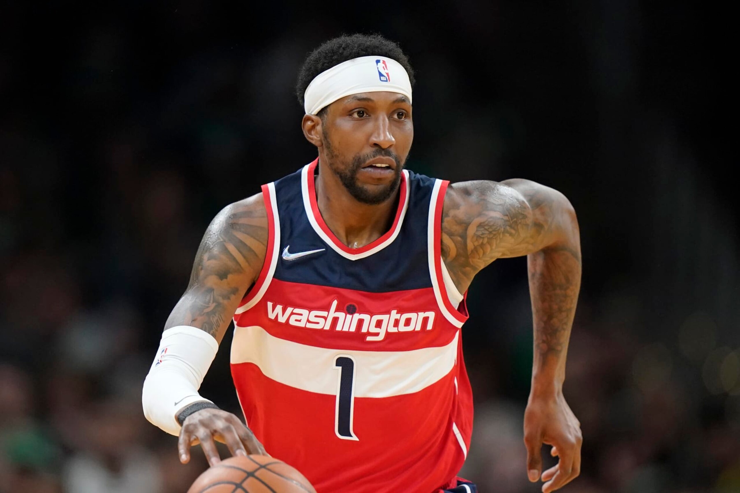 Washington Wizards guard Kentavious Caldwell-Pope (1) in the second half of an NBA basketball game against the Boston Celtics, Sunday, April 3, 2022, in Boston. (AP Photo/Steven Senne)