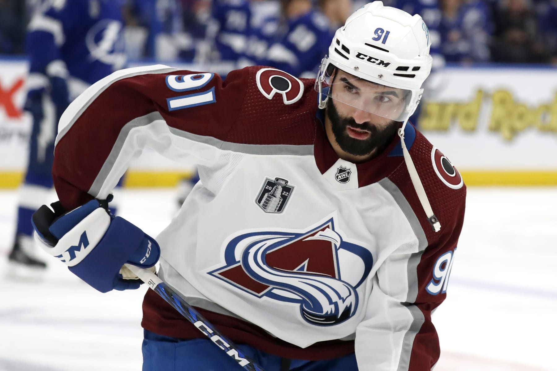 TAMPA, FLORIDA - JUNE 22:  Nazem Kadri #91 of the Colorado Avalanche attends warm ups before playing in Game Four of the 2022 NHL Stanley Cup Final against the Tampa Bay Lightning at Amalie Arena on June 22, 2022 in Tampa, Florida.