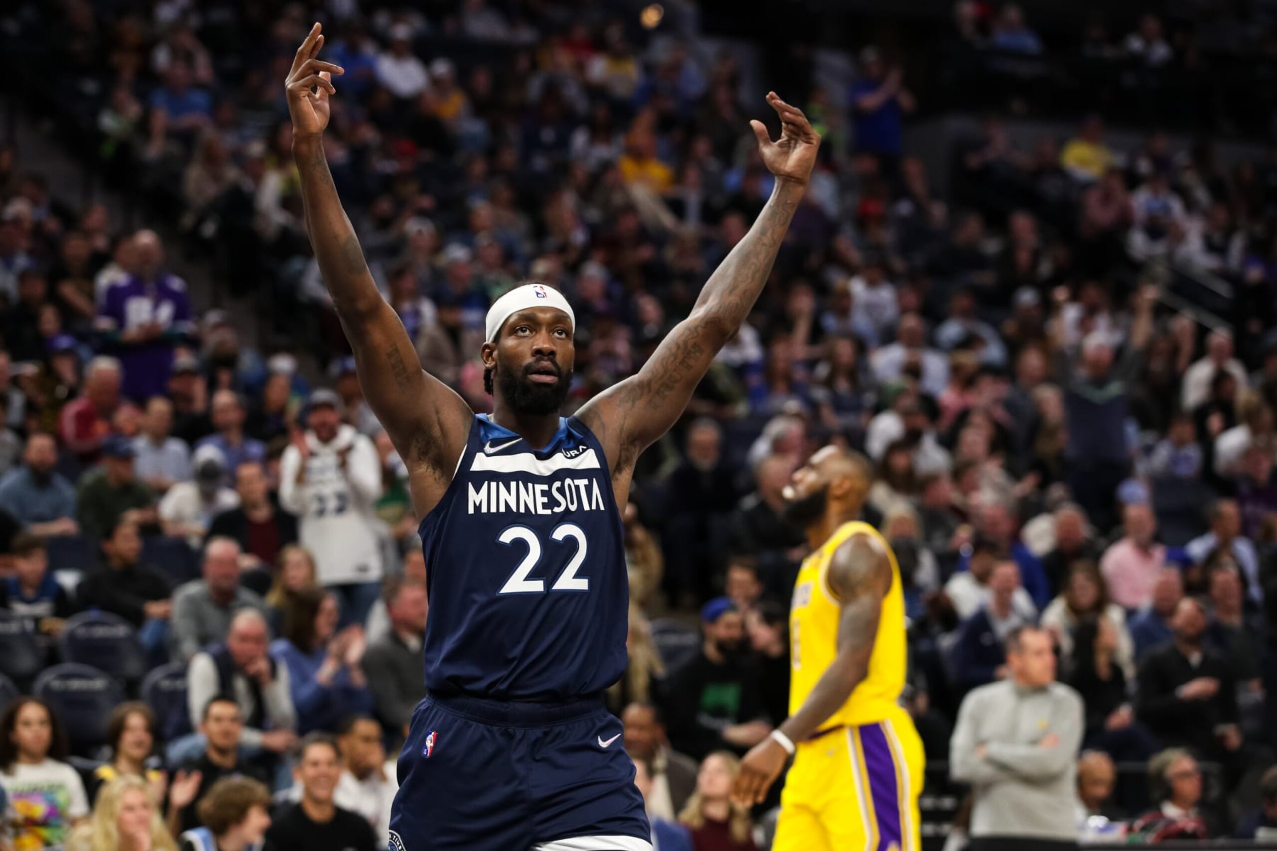 MINNEAPOLIS, MN - MARCH 16: Patrick Beverley #22 of the Minnesota Timberwolves celebrates after Anthony Edwards #1 drew a foul while LeBron James #6 of the Los Angeles Lakers reacts in the second quarter at Target Center on March 16, 2022 in Minneapolis, Minnesota. NOTE TO USER: User expressly acknowledges and agrees that, by downloading and or using this Photograph, user is consenting to the terms and conditions of the Getty Images License Agreement. (Photo by David Berding/Getty Images)