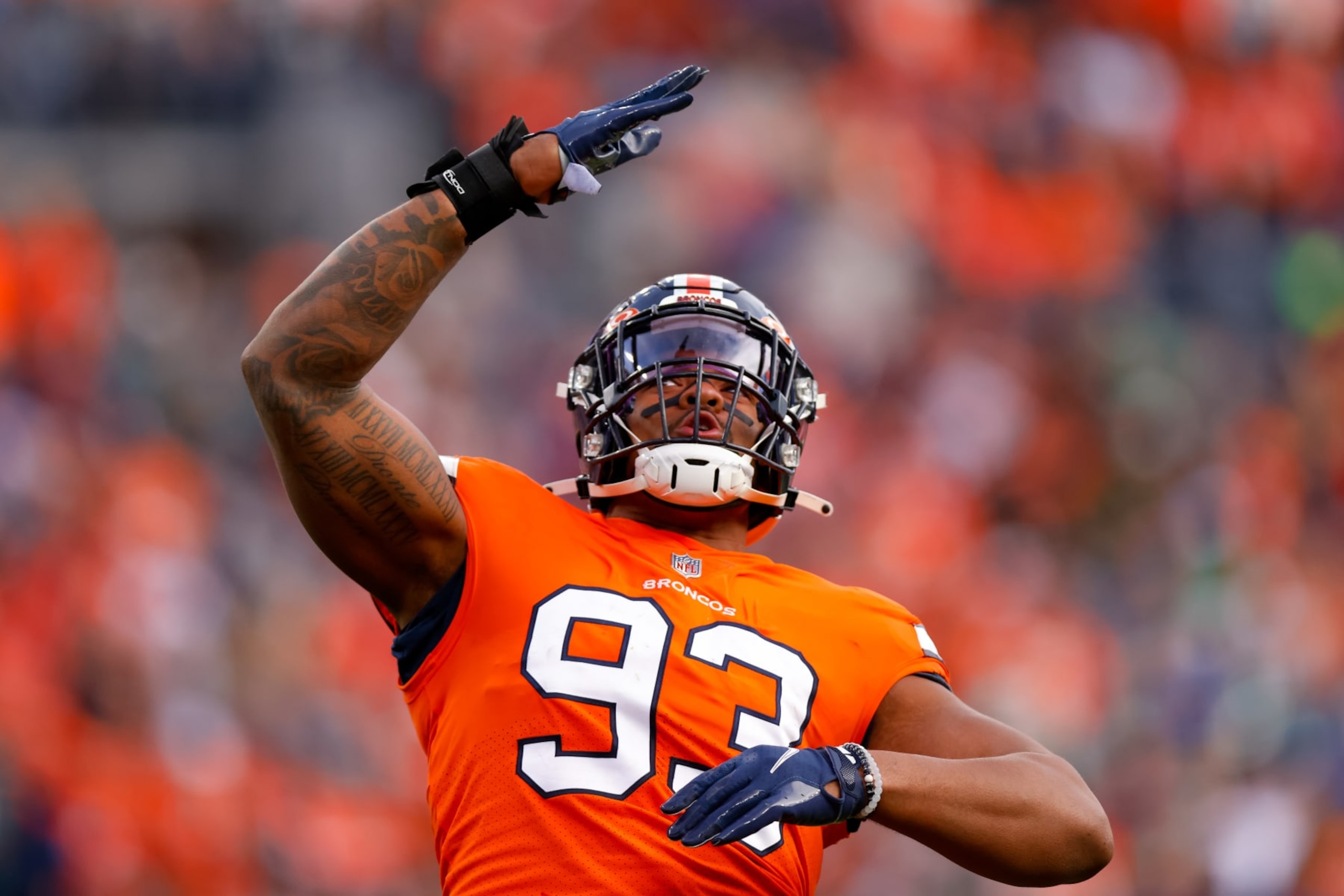 DENVER, CO - NOVEMBER 14: Defensive end Dre'Mont Jones #93 of the Denver Broncos celebrates after a play during the first half against the Philadelphia Eagles at Empower Field at Mile High on November 14, 2021 in Denver, Colorado. (Photo by Justin Edmonds/Getty Images) DENVER, CO - NOVEMBER 14: Defensive end Dre'Mont Jones #93 of the Denver Broncos celebrates after a play during the first half against the Philadelphia Eagles at Empower Field at Mile High on November 14, 2021 in Denver, Colorado. (Photo by Justin Edmonds/Getty Images)
