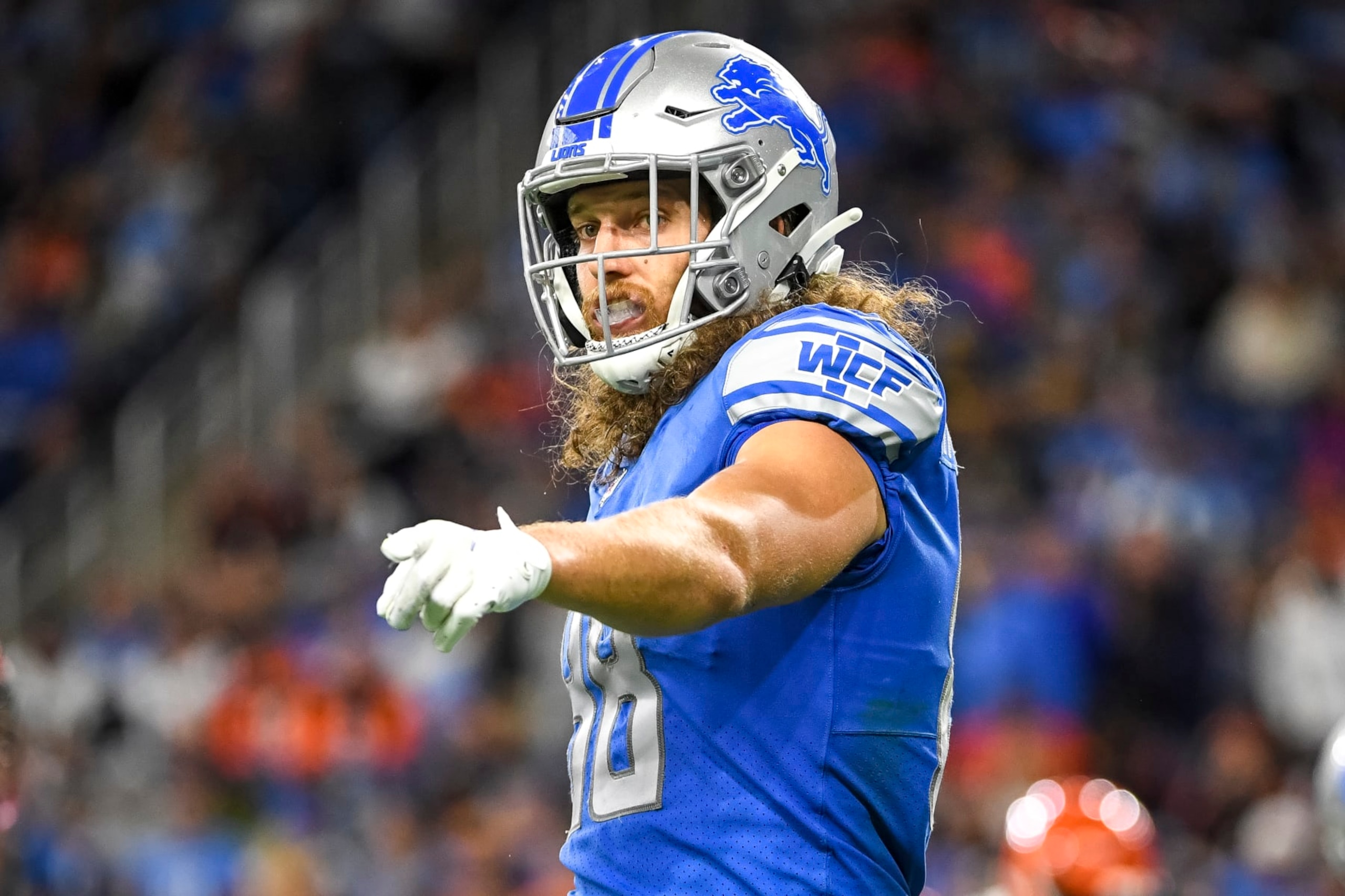 DETROIT, MICHIGAN - OCTOBER 17: T.J. Hockenson #88 of the Detroit Lions lines up against the line of scrimmage against the Cincinnati Bengals during the second quarter at Ford Field on October 17, 2021 in Detroit, Michigan. (Photo by Nic Antaya/Getty Images) DETROIT, MICHIGAN - OCTOBER 17: T.J. Hockenson #88 of the Detroit Lions lines up against the line of scrimmage against the Cincinnati Bengals during the second quarter at Ford Field on October 17, 2021 in Detroit, Michigan. (Photo by Nic Antaya/Getty Images)