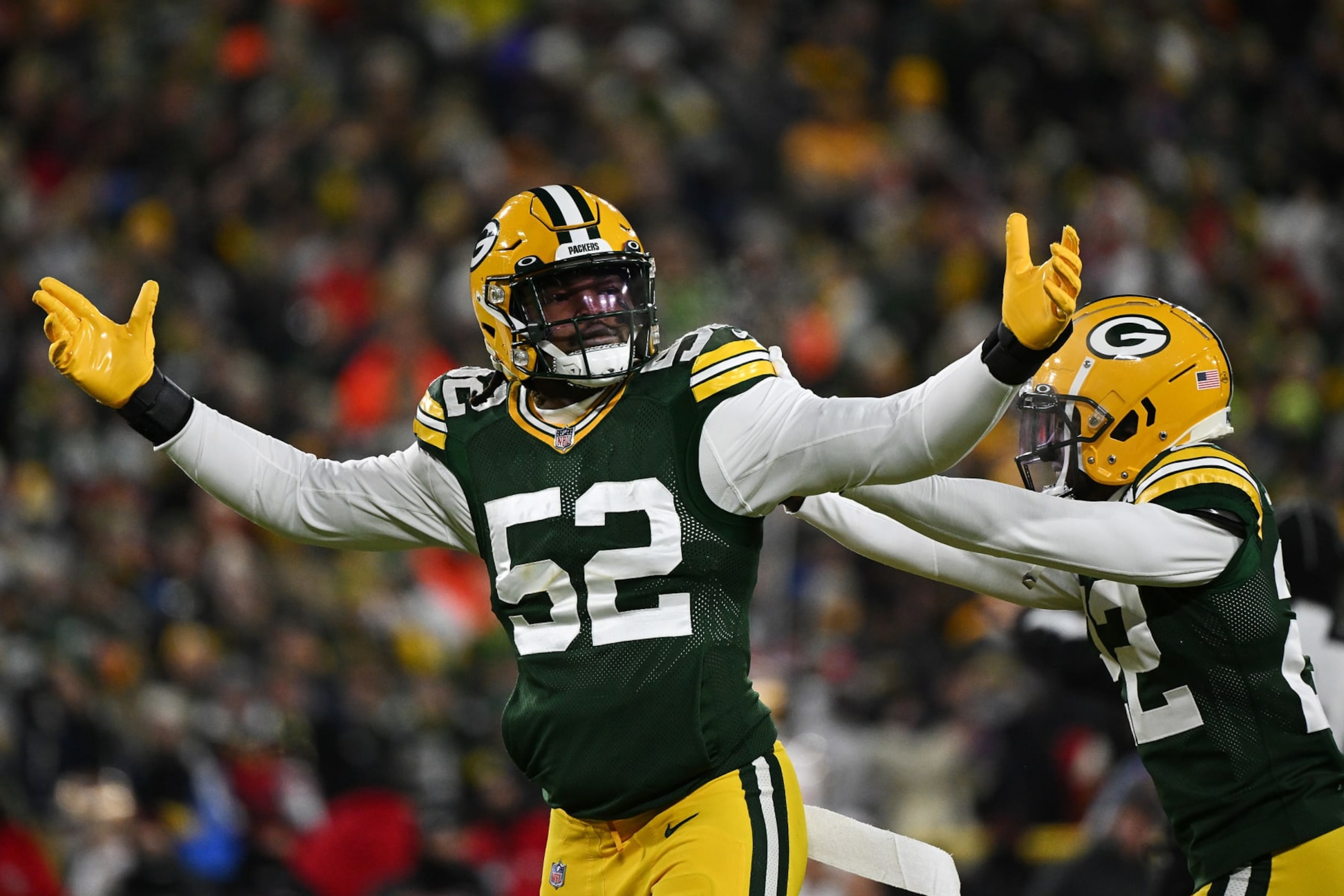 GREEN BAY, WISCONSIN - JANUARY 22: Rashan Gary #52 of the Green Bay Packers reacts after making a sack during the first half of the NFC Divisional Playoff game against the San Francisco 49ers at Lambeau Field on January 22, 2022 in Green Bay, Wisconsin. (Photo by Quinn Harris/Getty Images) GREEN BAY, WISCONSIN - JANUARY 22: Rashan Gary #52 of the Green Bay Packers reacts after making a sack during the first half of the NFC Divisional Playoff game against the San Francisco 49ers at Lambeau Field on January 22, 2022 in Green Bay, Wisconsin. (Photo by Quinn Harris/Getty Images)