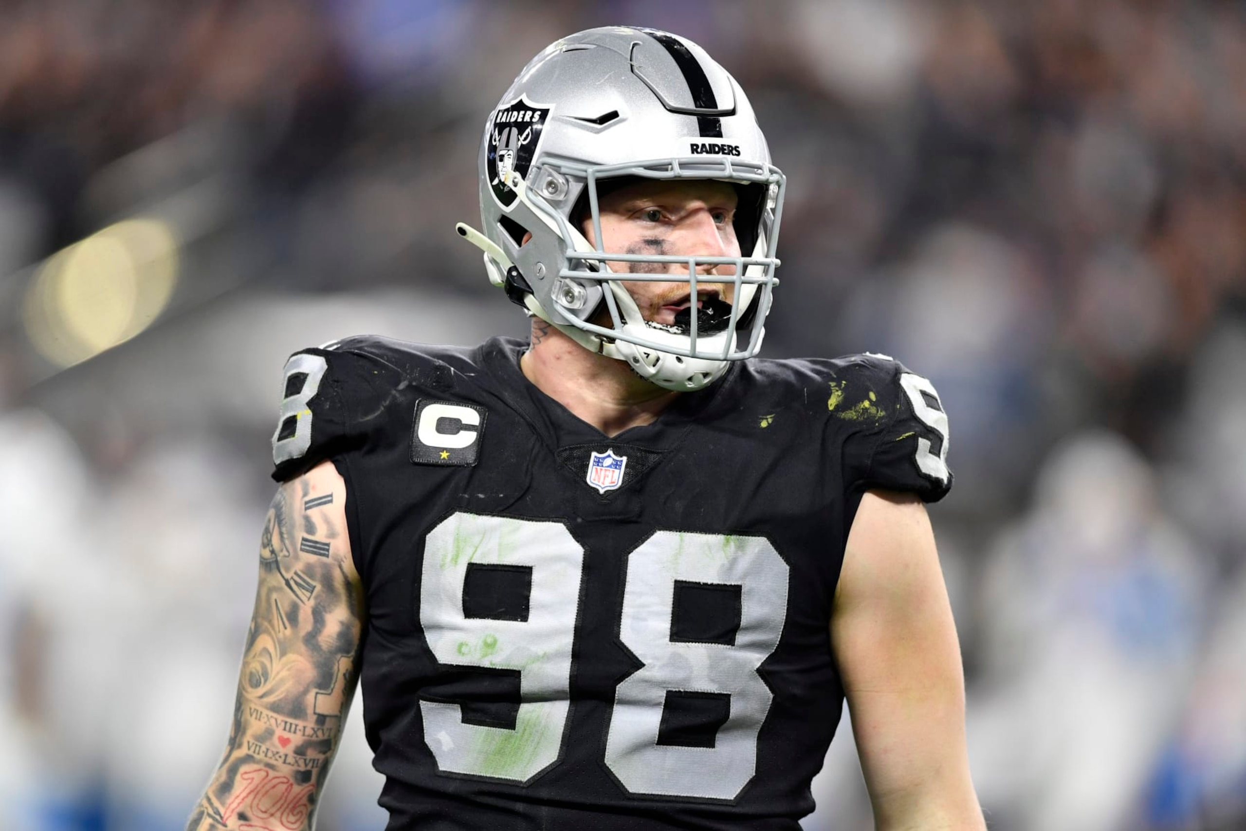 LAS VEGAS, NEVADA - JANUARY 09: Defensive end Maxx Crosby #98 of the Las Vegas Raiders looks on during the second half of a game against the Los Angeles Chargers at Allegiant Stadium on January 09, 2022 in Las Vegas, Nevada. The Raiders defeated the Chargers 35-32 in overtime. (Photo by Chris Unger/Getty Images) LAS VEGAS, NEVADA - JANUARY 09: Defensive end Maxx Crosby #98 of the Las Vegas Raiders looks on during the second half of a game against the Los Angeles Chargers at Allegiant Stadium on January 09, 2022 in Las Vegas, Nevada. The Raiders defeated the Chargers 35-32 in overtime. (Photo by Chris Unger/Getty Images)