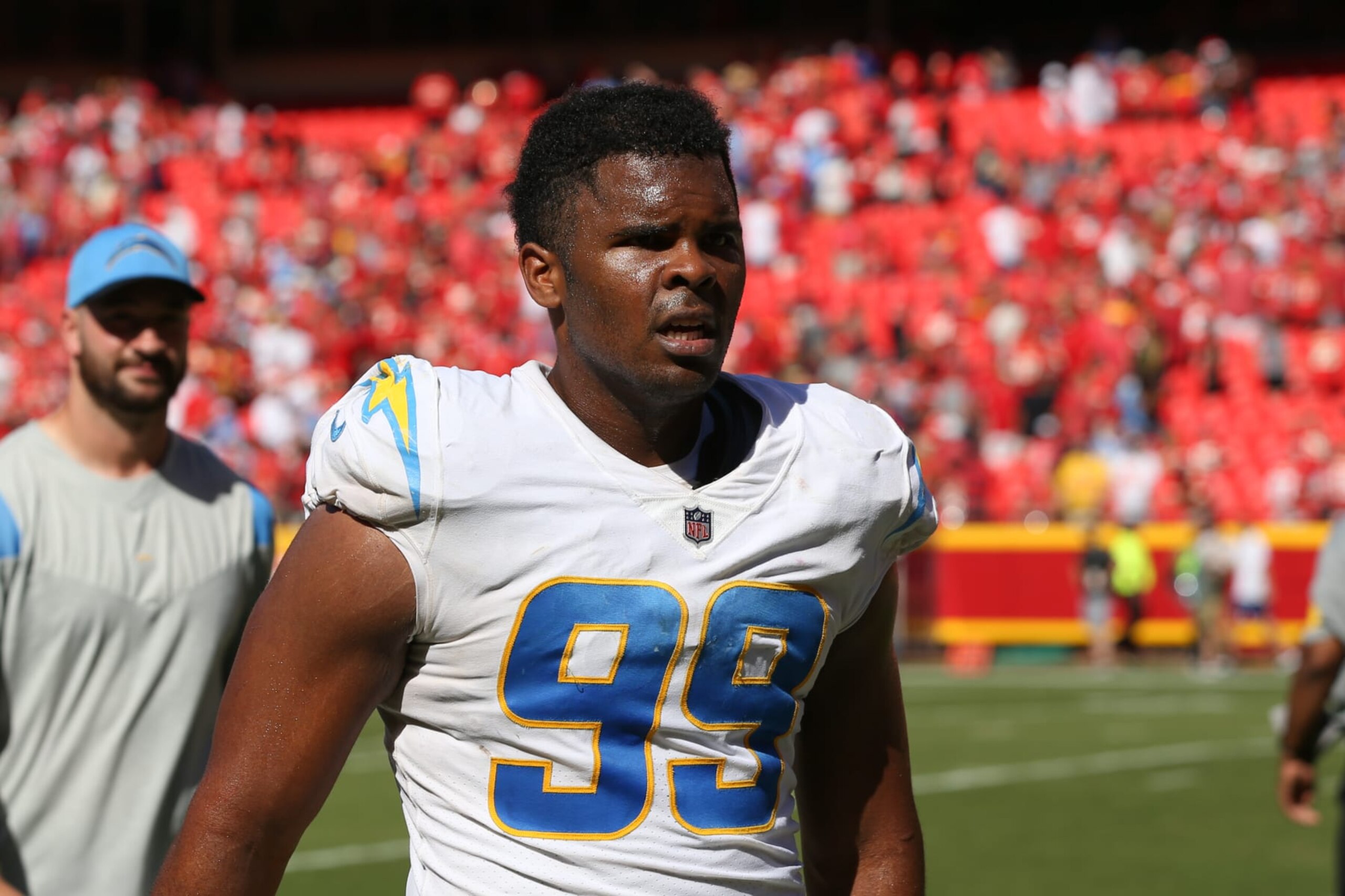KANSAS CITY, MO - SEPTEMBER 26: Los Angeles Chargers defensive tackle Jerry Tillery (99) after an AFC West matchup between the Los Angeles Chargers and Kansas City Chiefs on Sep 26, 2021 at GEHA Filed at Arrowhead Stadium in Kansas City, MO. (Photo by Scott Winters/Icon Sportswire via Getty Images) KANSAS CITY, MO - SEPTEMBER 26: Los Angeles Chargers defensive tackle Jerry Tillery (99) after an AFC West matchup between the Los Angeles Chargers and Kansas City Chiefs on Sep 26, 2021 at GEHA Filed at Arrowhead Stadium in Kansas City, MO. (Photo by Scott Winters/Icon Sportswire via Getty Images)