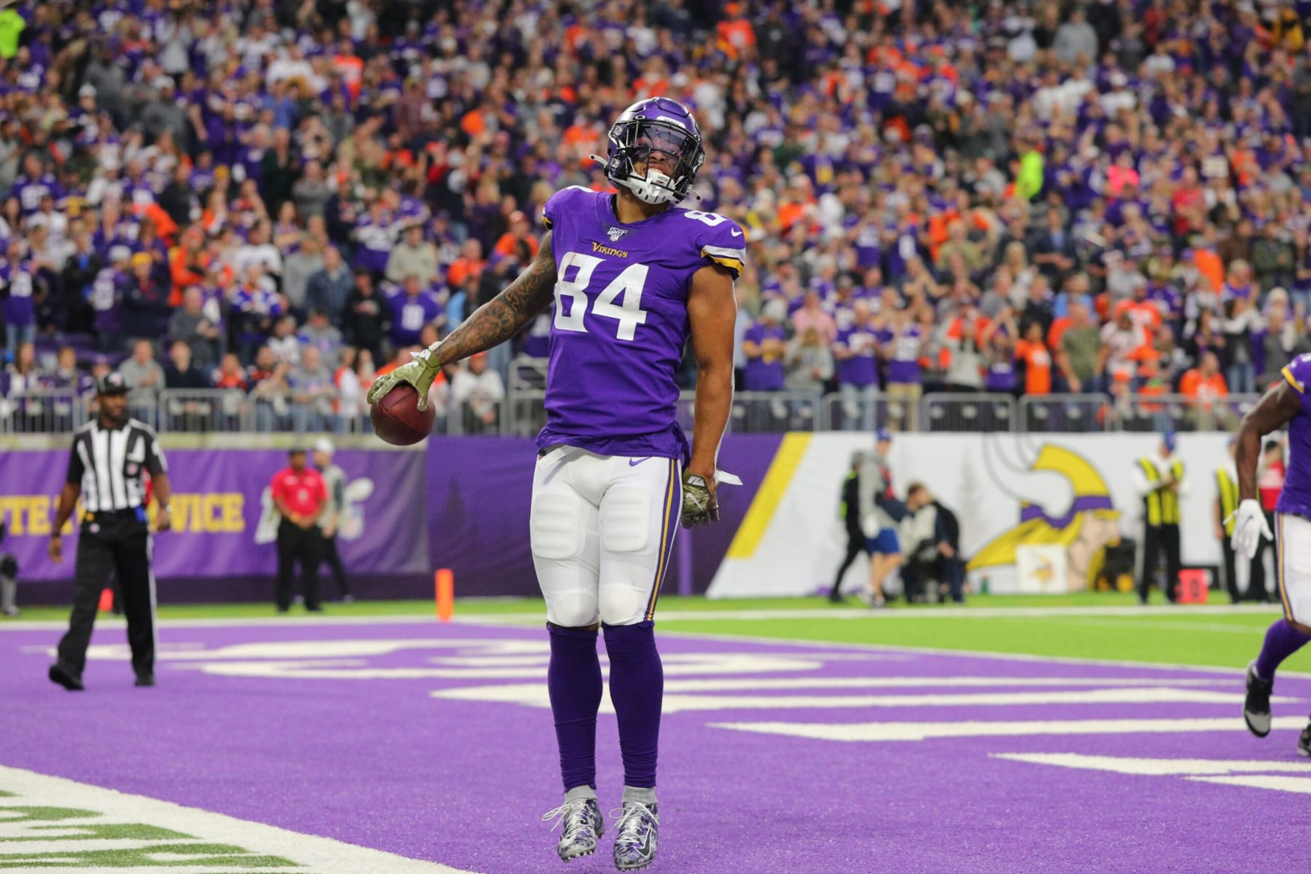 MINNEAPOLIS, MINNESOTA - NOVEMBER 17: Irv Smith Jr. #84 of the Minnesota Vikings celebrates his first NFL career touchdown pass reception against the Denver Broncos in the third quarter at U.S. Bank Stadium on November 17, 2019 in Minneapolis, Minnesota. (Photo by Adam Bettcher/Getty Images) MINNEAPOLIS, MINNESOTA - NOVEMBER 17: Irv Smith Jr. #84 of the Minnesota Vikings celebrates his first NFL career touchdown pass reception against the Denver Broncos in the third quarter at U.S. Bank Stadium on November 17, 2019 in Minneapolis, Minnesota. (Photo by Adam Bettcher/Getty Images)