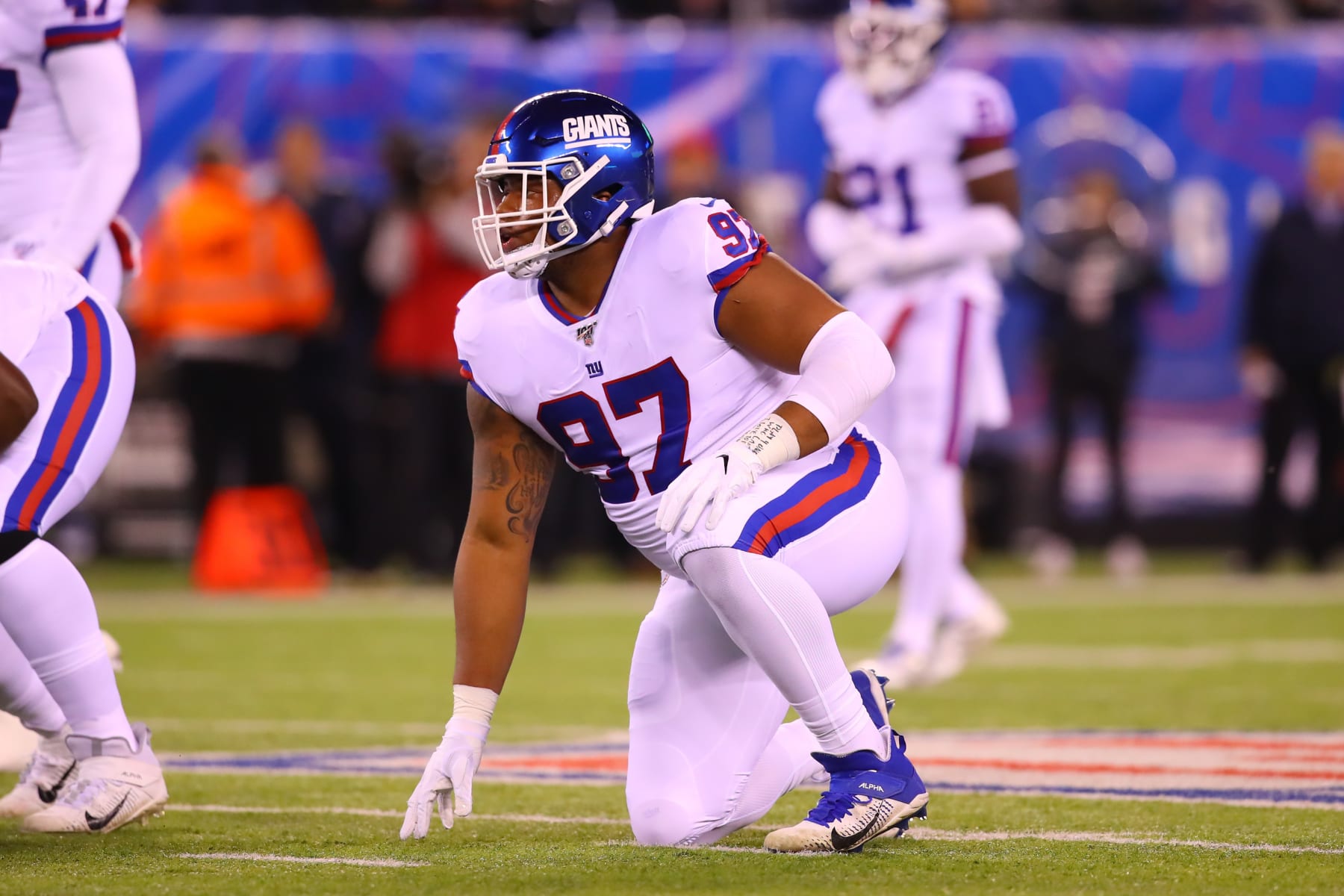 EAST RUTHERFORD, NJ - NOVEMBER 04:  New York Giants defensive tackle Dexter Lawrence (97) during the National Football League game between the New York Giants and the Dallas Cowboys on November 4, 2019 at MetLife Stadium in East Rutherford, NJ.   (Photo by Rich Graes fourthsle/Icon Sportswire via Getty Images)