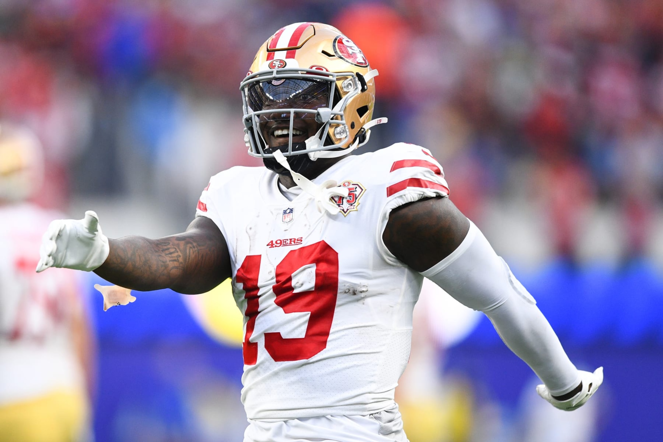 INGLEWOOD, CA - JANUARY 09: San Francisco 49ers Wide Receiver Deebo Samuel (19) celebrates after a catch during the NFL game between the San Francisco 49ers and the Los Angeles Rams on January 9, 2022, at SoFi Stadium in Inglewood, CA. (Photo by Brian Rothmuller/Icon Sportswire via Getty Images) INGLEWOOD, CA - JANUARY 09: San Francisco 49ers Wide Receiver Deebo Samuel (19) celebrates after a catch during the NFL game between the San Francisco 49ers and the Los Angeles Rams on January 9, 2022, at SoFi Stadium in Inglewood, CA. (Photo by Brian Rothmuller/Icon Sportswire via Getty Images)