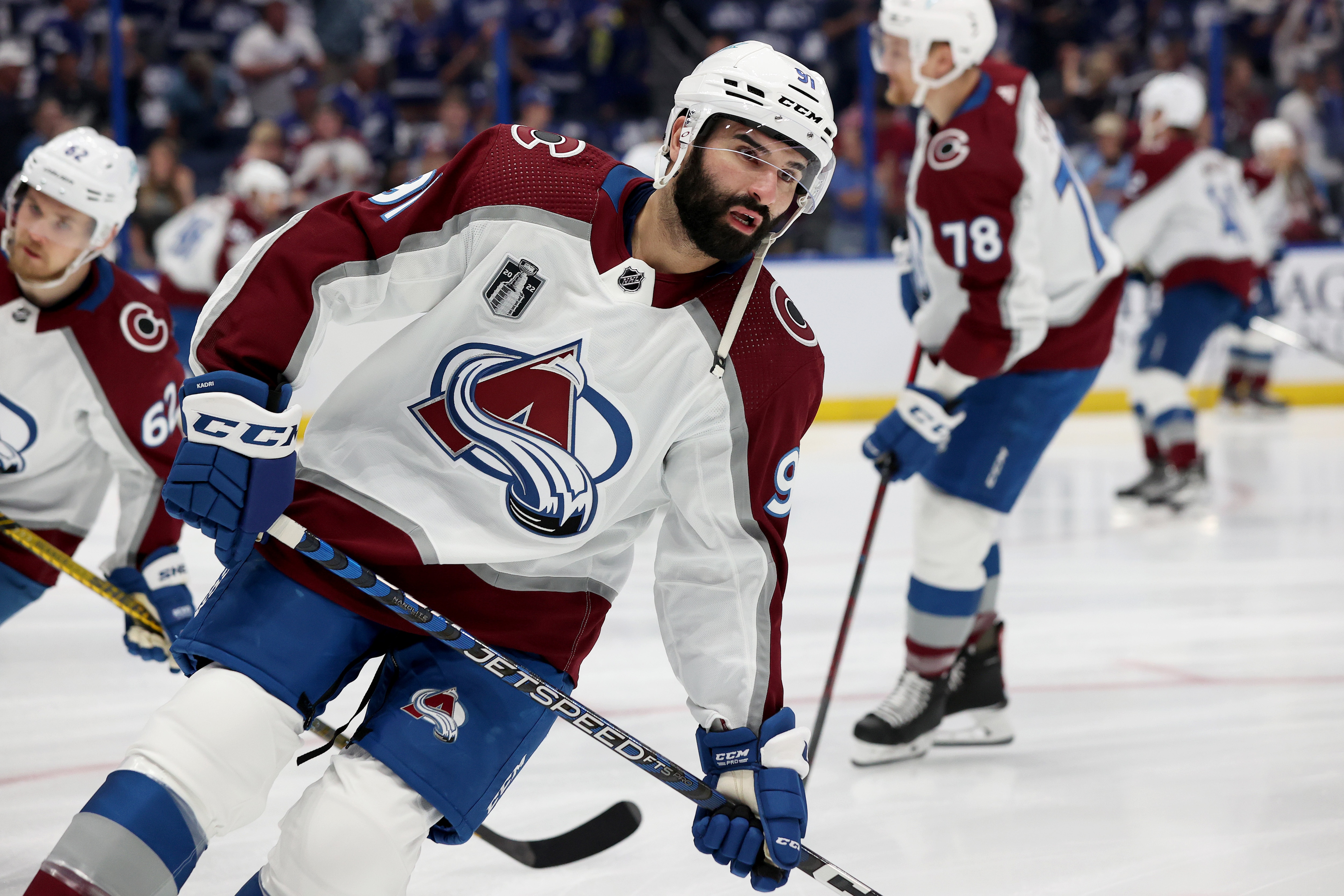 TAMPA, FLORIDA - JUNE 22: Nazem Kadri #91 of the Colorado Avalanche warms up before Game Four of the 2022 NHL Stanley Cup Final against the Tampa Bay Lightning at Amalie Arena on June 22, 2022 in Tampa, Florida. (Photo by Mike Carlson/Getty Images)