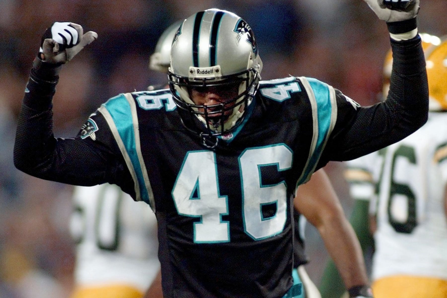 Carolina Panthers' Rashard Anderson celebrates a tackle during the first quarter of their 27 November 2000 game against the Green Bay Packers at Ericsson Stadium in Charlotte, N.C. AFP Photo/Erik Perel (Photo by ERIK PEREL / AFP) (Photo by ERIK PEREL/AFP via Getty Images)