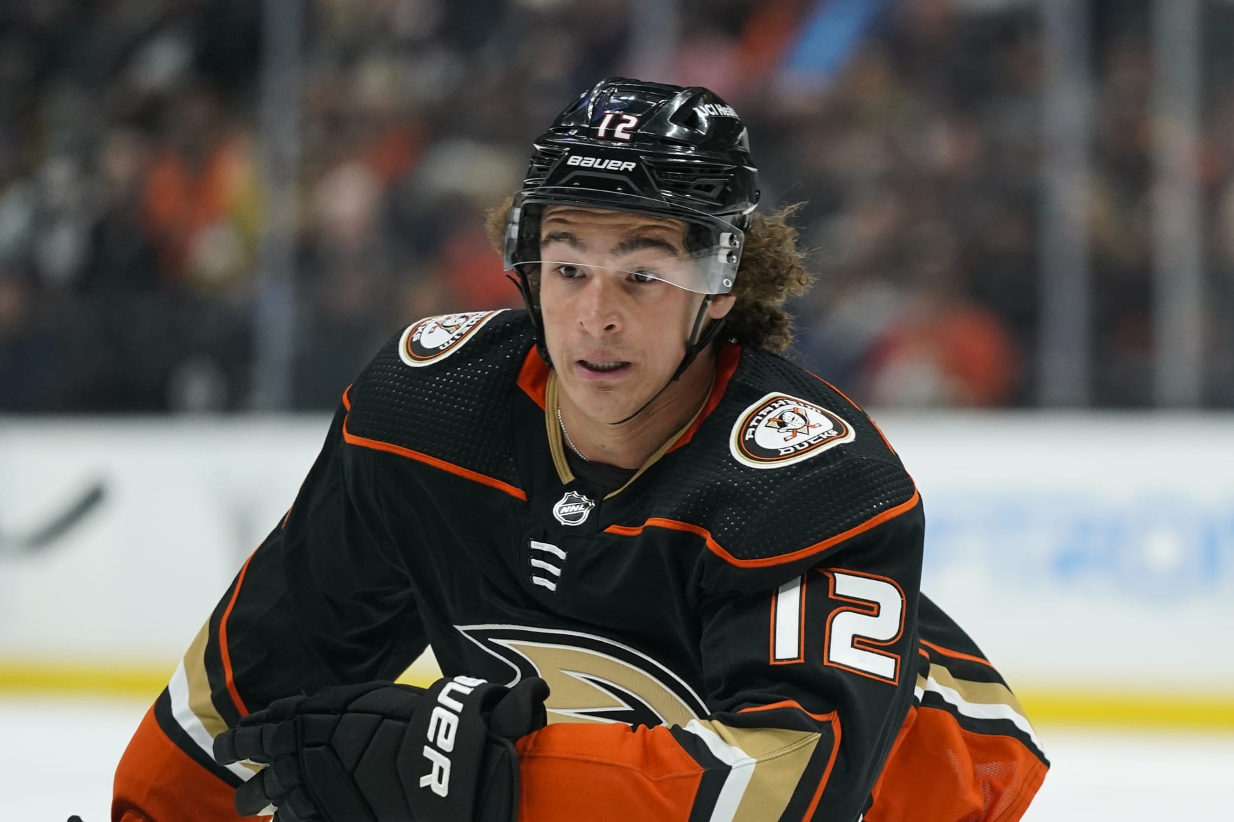 Anaheim Ducks' Sonny Milano skates during the second period of an NHL hockey game against the Vegas Golden Knights Wednesday, Dec. 1, 2021, in Anaheim, Calif. (AP Photo/Jae C. Hong)