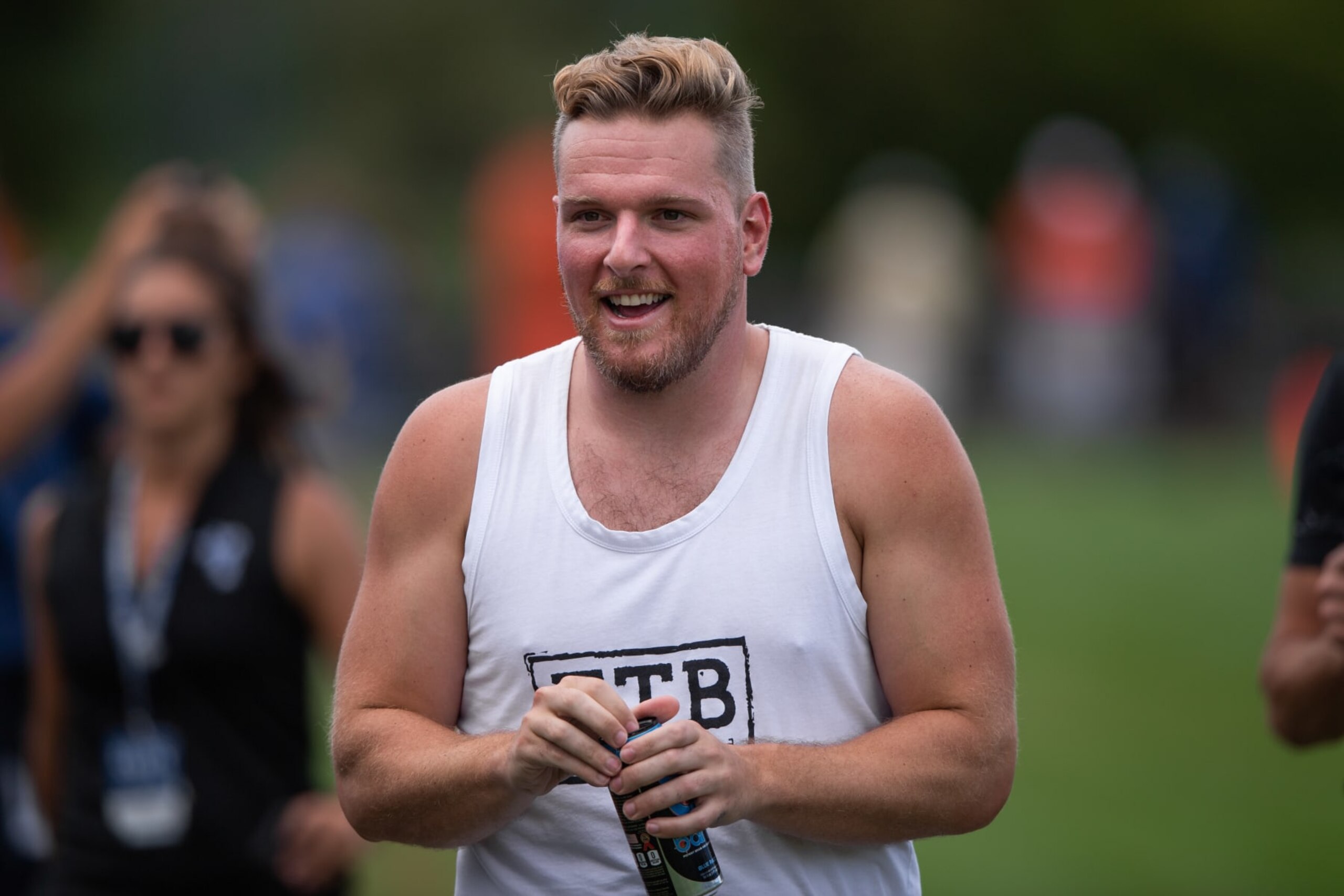 WESTFIELD, IN - AUGUST 14: Former Colts punter Pat McAfee watches the Indianapolis Colts and Cleveland Browns joint training camp practice on August 14, 2019 at the Grand Park Sports Campus in Westfield, IN. (Photo by Zach Bolinger/Icon Sportswire via Getty Images)