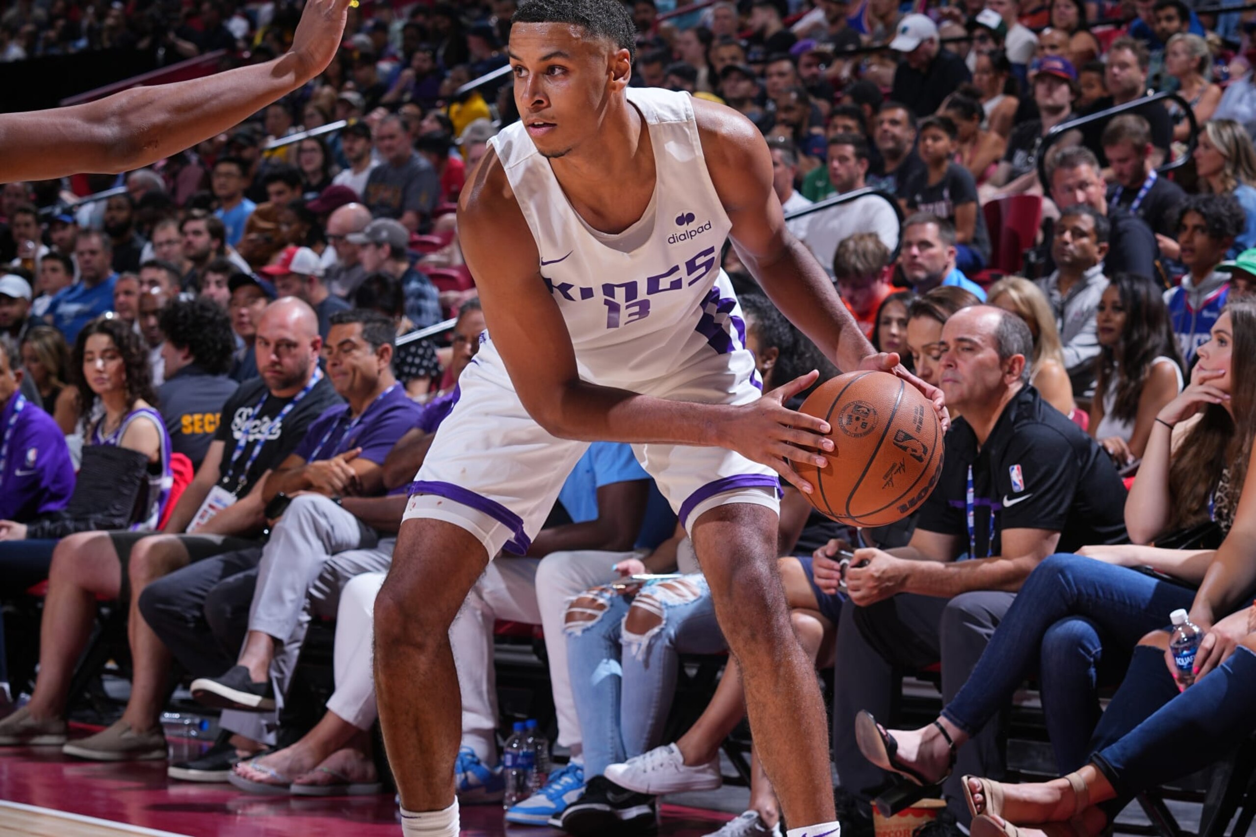 Las Vegas, NV - JULY 9: Keegan Murray #13 of the Sacramento Kings handles the ball during the game against the Orlando Magic during the 2022 Las Vegas Summer League on July 9, 2022 at the Thomas & Mack Center in Las Vegas, Nevada. NOTE TO USER: User expressly acknowledges and agrees that, by downloading and/or using this Photograph, user is consenting to the terms and conditions of the Getty Images License Agreement. Mandatory Copyright Notice: Copyright 2022 NBAE (Photo by Bart Young/NBAE via Getty Images)