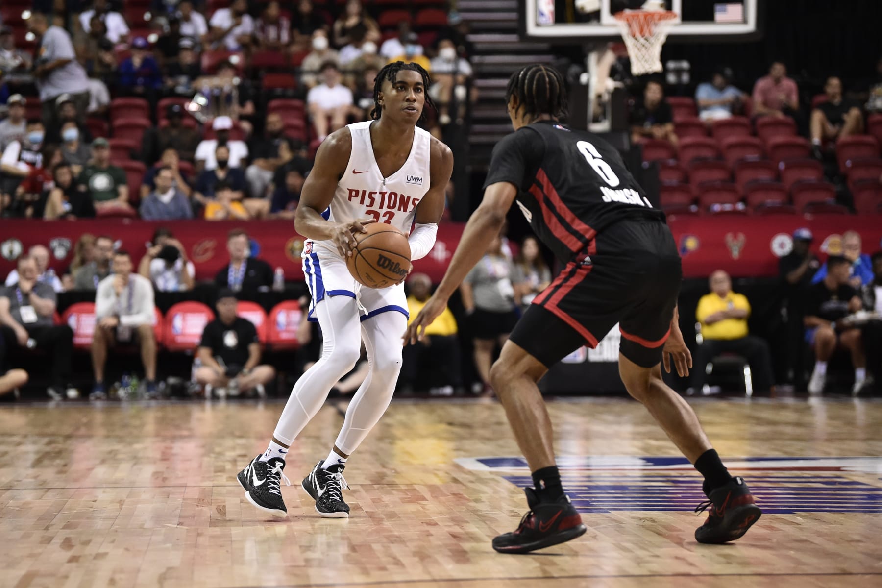 LAS VEGAS, NV - JULY 7: Jaden Ivey #23 of the Detroit Pistons handles the ball against the Portland Trail Blazers during the 2022 Las Vegas Summer League on July 7, 2022 at the Cox Pavilion in Las Vegas, Nevada NOTE TO USER: User expressly acknowledges and agrees that, by downloading and/or using this Photograph, user is consenting to the terms and conditions of the Getty Images License Agreement. Mandatory Copyright Notice: Copyright 2022 NBAE (Photo by David Dow/NBAE via Getty Images)