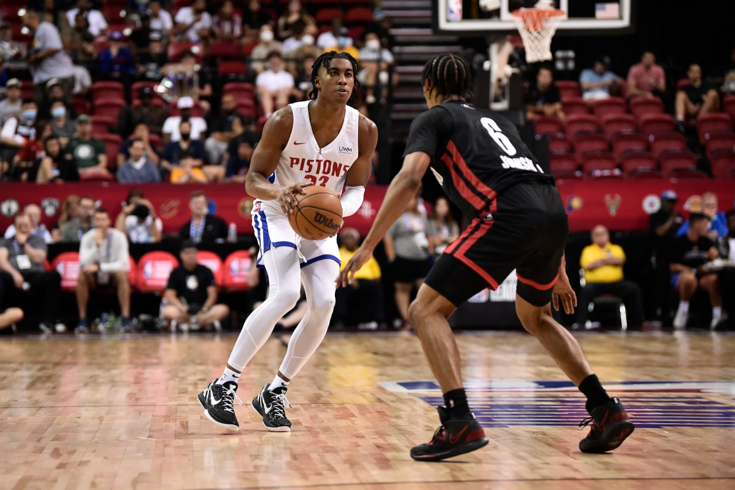 LAS VEGAS, NV - JULY 7: Jaden Ivey #23 of the Detroit Pistons handles the ball against the Portland Trail Blazers during the 2022 Las Vegas Summer League on July 7, 2022 at the Cox Pavilion in Las Vegas, Nevada NOTE TO USER: User expressly acknowledges and agrees that, by downloading and/or using this Photograph, user is consenting to the terms and conditions of the Getty Images License Agreement. Mandatory Copyright Notice: Copyright 2022 NBAE (Photo by David Dow/NBAE via Getty Images)