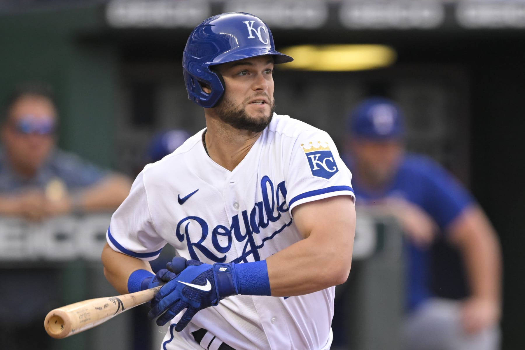 KANSAS CITY, MO - JUNE 27: Andrew Benintendi #16 of the Kansas City Royals hits a single against the Texas Rangers during the first inning at Kauffman Stadium on June 27, 2022 in Kansas City, Missouri. (Photo by Reed Hoffmann/Getty Images)