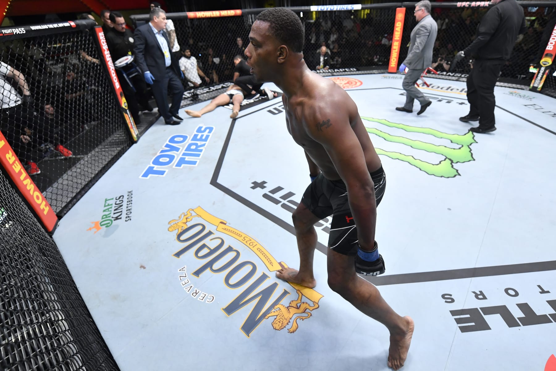 LAS VEGAS, NEVADA - FEBRUARY 19: Jamahal Hill reacts after his knockout victory over Johnny Walker of Brazil in their light heavyweight fight during the UFC Fight Night event at UFC APEX on February 19, 2022 in Las Vegas, Nevada. (Photo by Jeff Bottari/Zuffa LLC)
