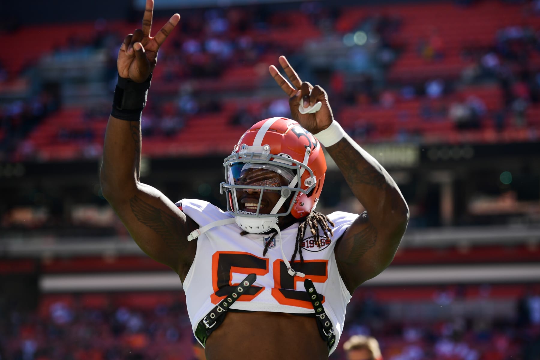 CLEVELAND, OHIO - SEPTEMBER 26: Takkarist McKinley #55 of the Cleveland Browns before the game against the Chicago Bears at FirstEnergy Stadium on September 26, 2021 in Cleveland, Ohio. (Photo by Emilee Chinn/Getty Images)