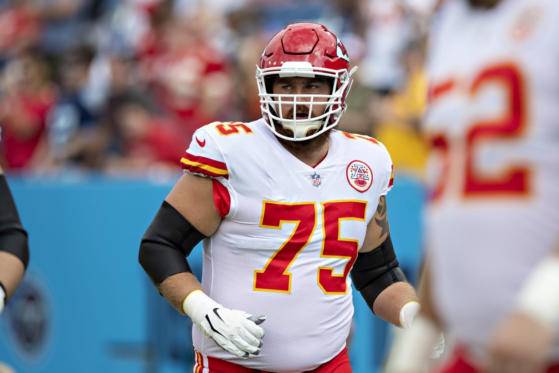 NASHVILLE, TENNESSEE - OCTOBER 24:  Mike Remmers #75 of the Kansas City Chiefs warms up before a game against the Tennessee Titans at Nissan Stadium on October 24, 2021 in Nashville, Tennessee.  The Titans defeated the Chiefs 27-3.  (Photo by Wesley Hitt/Getty Images)