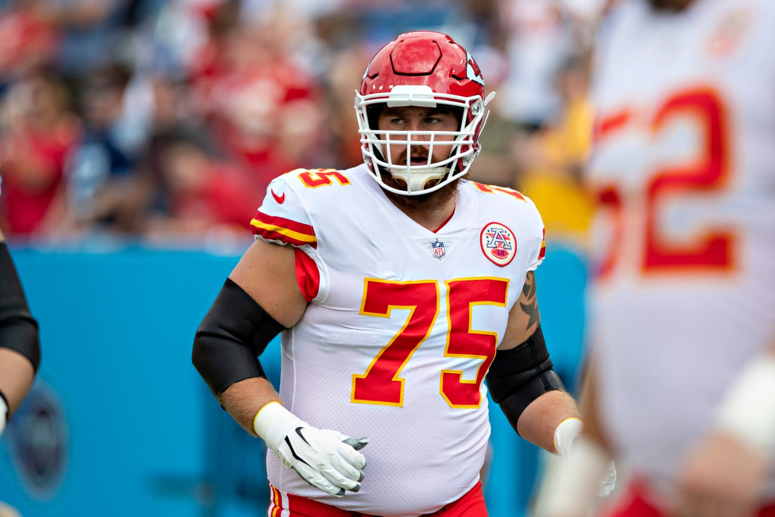 NASHVILLE, TENNESSEE - OCTOBER 24:  Mike Remmers #75 of the Kansas City Chiefs warms up before a game against the Tennessee Titans at Nissan Stadium on October 24, 2021 in Nashville, Tennessee.  The Titans defeated the Chiefs 27-3.  (Photo by Wesley Hitt/Getty Images)