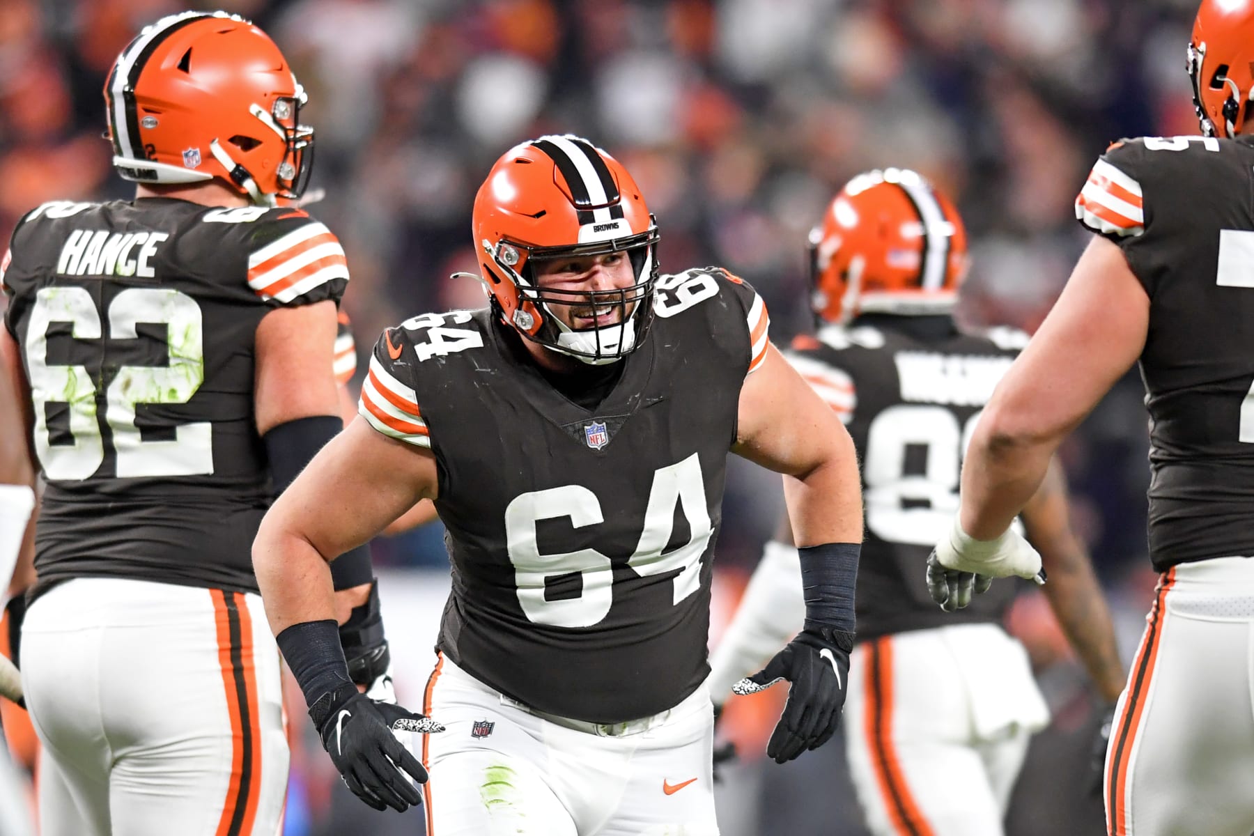CLEVELAND, OH - DECEMBER 20: JC Tretter #64 of the Cleveland Browns celebrates a touchdown by Harrison Bryant during the second half against the Las Vegas Raiders at FirstEnergy Stadium in Cleveland, Ohio. (Photo by Nick Cammett/Diamond Images via Getty Images)