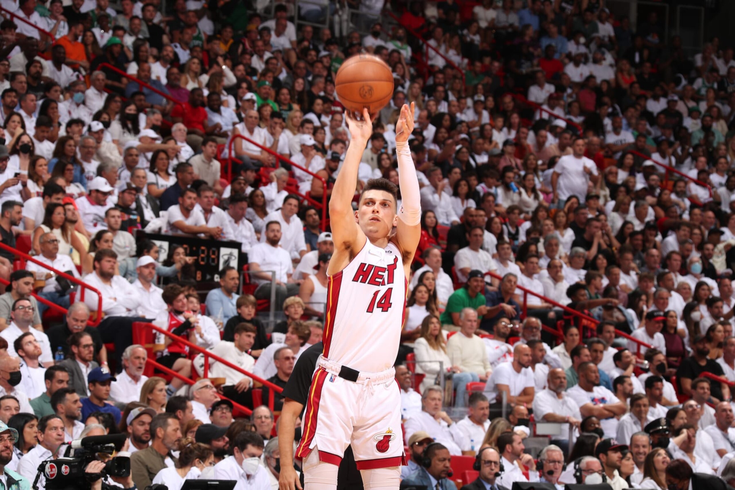 MIAMI, FL - MAY 19: Tyler Herro #14 of the Miami Heat shoots the ball against the Boston Celtics during Game 2 of the 2022 NBA Playoffs Eastern Conference Finals on May 19, 2022 at FTX Arena in Miami, Florida. NOTE TO USER: User expressly acknowledges and agrees that, by downloading and or using this Photograph, user is consenting to the terms and conditions of the Getty Images License Agreement. Mandatory Copyright Notice: Copyright 2022 NBAE (Photo by Issac Baldizon/NBAE via Getty Images) MIAMI, FL - MAY 19: Tyler Herro #14 of the Miami Heat shoots the ball against the Boston Celtics during Game 2 of the 2022 NBA Playoffs Eastern Conference Finals on May 19, 2022 at FTX Arena in Miami, Florida. NOTE TO USER: User expressly acknowledges and agrees that, by downloading and or using this Photograph, user is consenting to the terms and conditions of the Getty Images License Agreement. Mandatory Copyright Notice: Copyright 2022 NBAE (Photo by Issac Baldizon/NBAE via Getty Images)