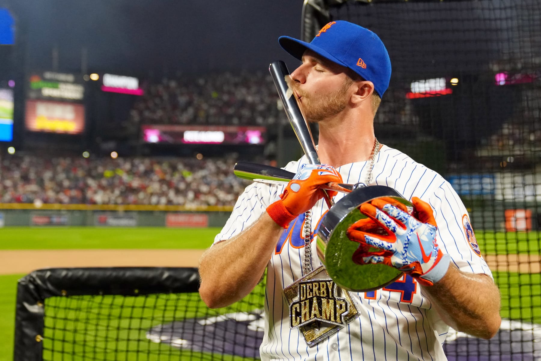 DENVER, CO - JULY 12:  Pete Alonso #20 of the New York Mets celebrates winning his second straight home run derby title during the 2021 T-Mobile Home Run Derby at Coors Field on Monday, July 12, 2021 in Denver, Colorado. (Photo by Daniel Shirey/MLB Photos via Getty Images)