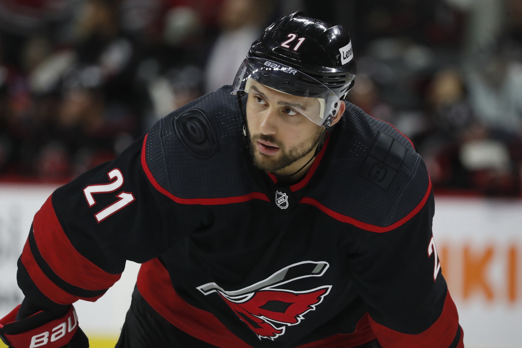 Carolina Hurricanes' Nino Niederreiter (21) waits for a face-off against the New York Rangers during the second period of Game 5 of an NHL hockey Stanley Cup second-round playoff series in Raleigh, N.C., Thursday, May 26, 2022. (AP Photo/Karl B DeBlaker)