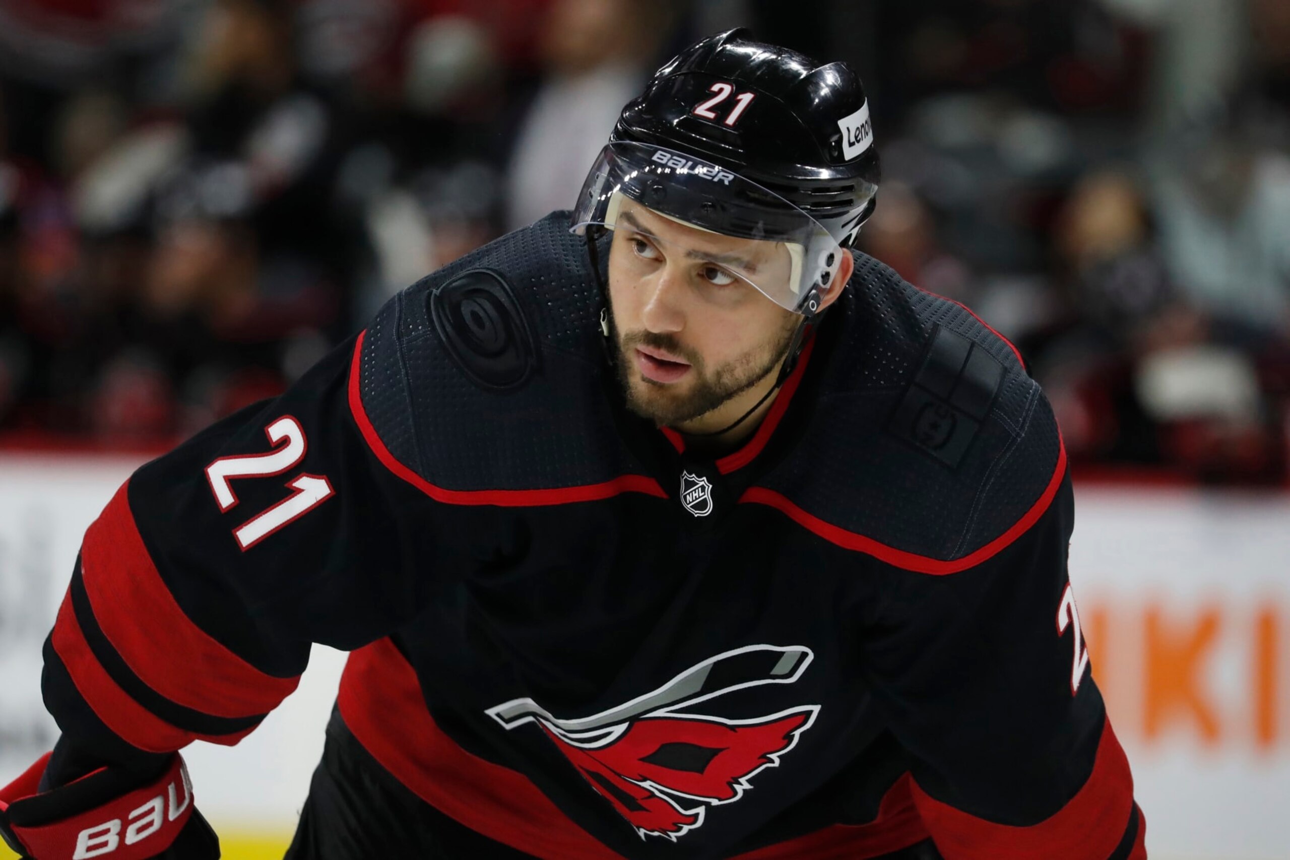 Carolina Hurricanes' Nino Niederreiter (21) waits for a face-off against the New York Rangers during the second period of Game 5 of an NHL hockey Stanley Cup second-round playoff series in Raleigh, N.C., Thursday, May 26, 2022. (AP Photo/Karl B DeBlaker)