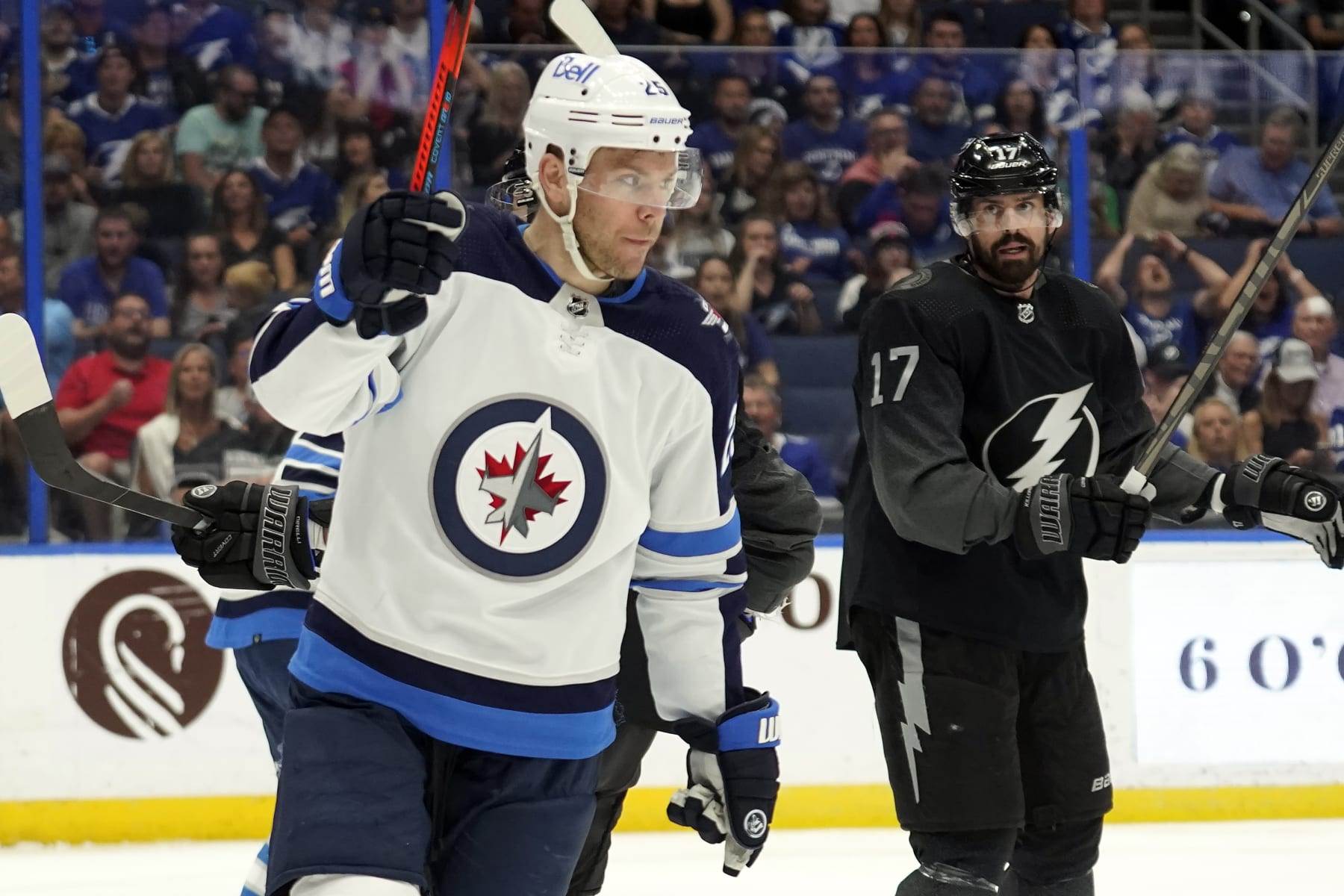 Winnipeg Jets center Paul Stastny (25) celebrates his goal against the Tampa Bay Lightning during the first period of an NHL hockey game Saturday, April 16, 2022, in Tampa, Fla. (AP Photo/Chris O'Meara)
