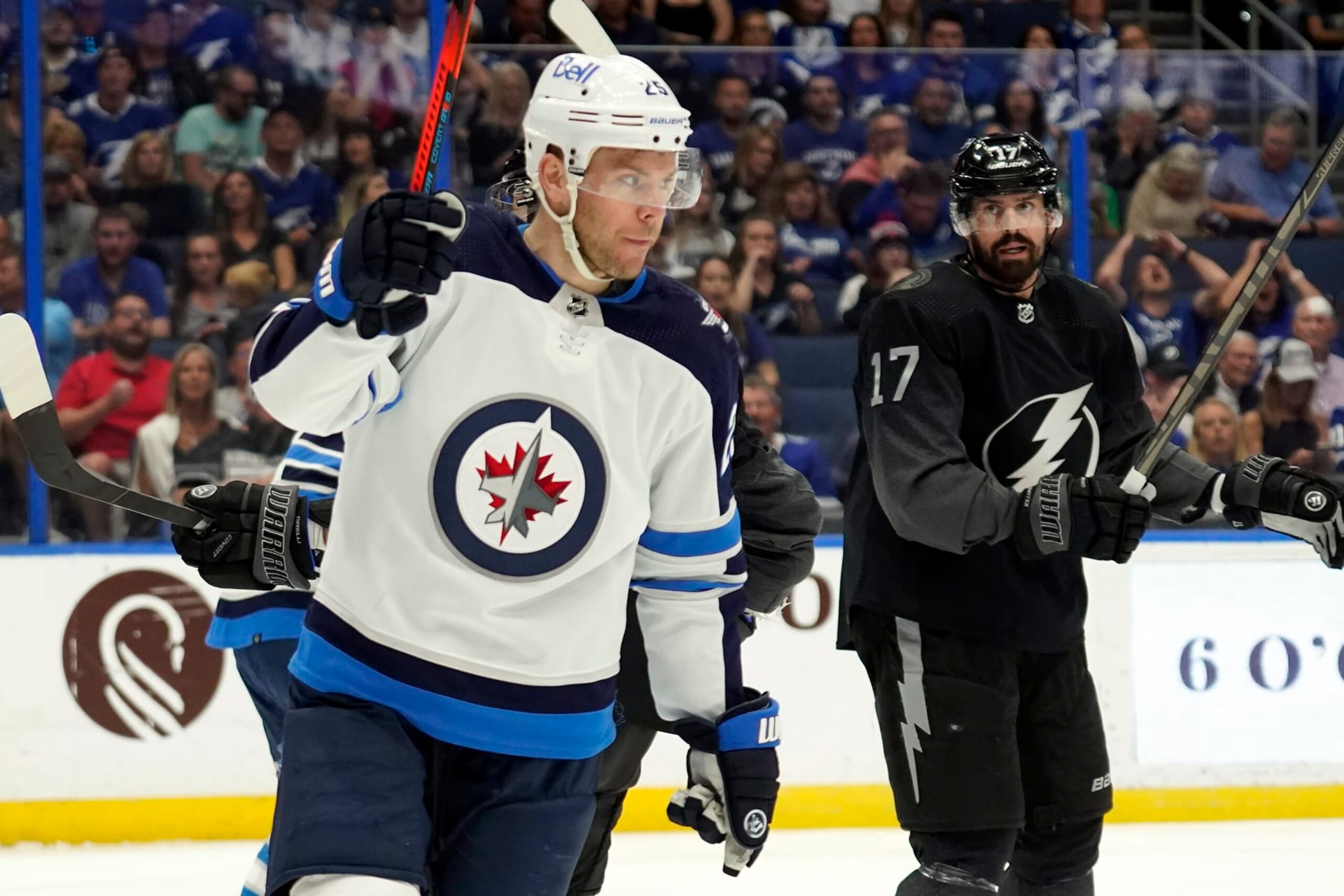 Winnipeg Jets center Paul Stastny (25) celebrates his goal against the Tampa Bay Lightning during the first period of an NHL hockey game Saturday, April 16, 2022, in Tampa, Fla. (AP Photo/Chris O'Meara)