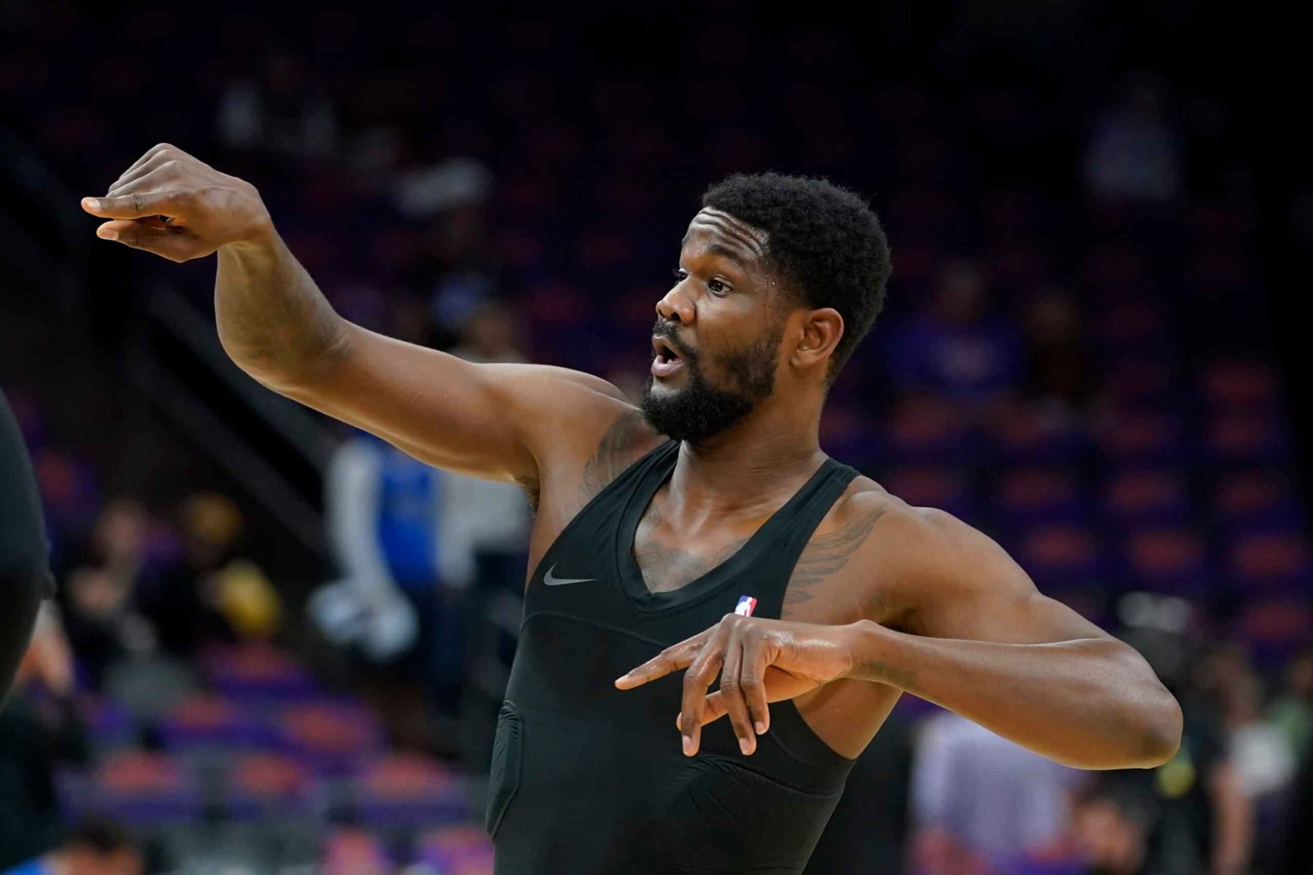 Phoenix Suns center Deandre Ayton during warmups before Game 1 in the second round of the NBA Western Conference playoff series against the Dallas Mavericks, Monday, May 2, 2022, in Phoenix. (AP Photo/Matt York)
