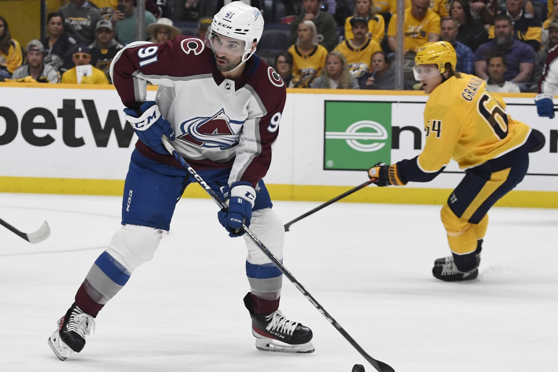 NASHVILLE, TN - MAY 09: Colorado Avalanche center Nazem Kadri (91) in the period against the Nashville Predators during game four of the first round of the Stanley Cup playoffs at Bridgestone Arena May 09, 2022. (Photo by Andy Cross/MediaNews Group/The Denver Post via Getty Images)