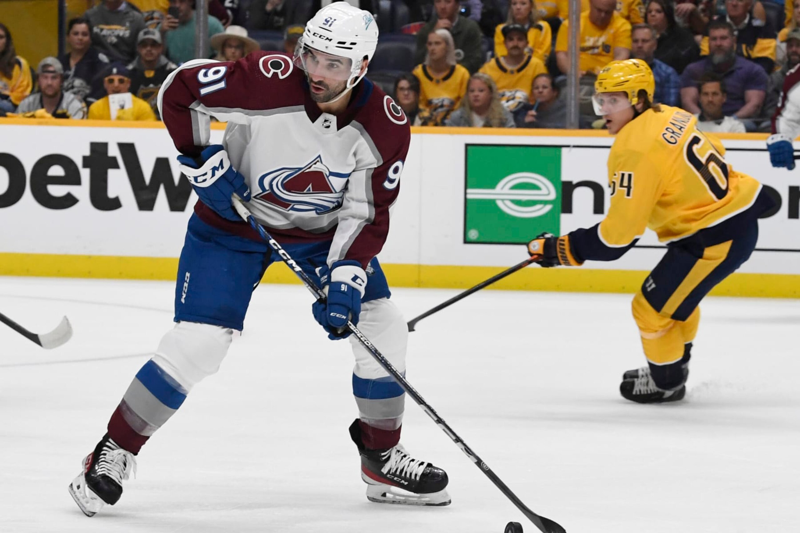 NASHVILLE, TN - MAY 09: Colorado Avalanche center Nazem Kadri (91) in the period against the Nashville Predators during game four of the first round of the Stanley Cup playoffs at Bridgestone Arena May 09, 2022. (Photo by Andy Cross/MediaNews Group/The Denver Post via Getty Images)