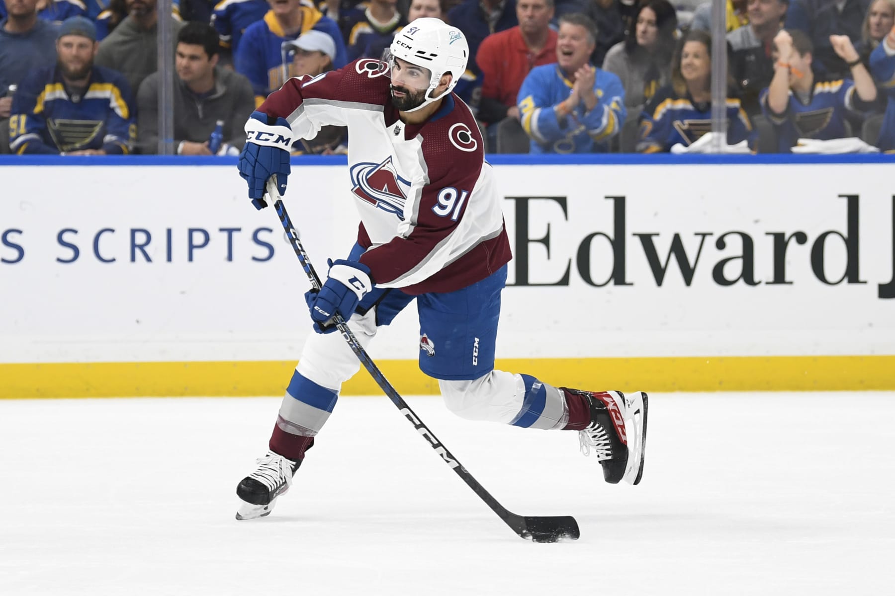 ST. LOUIS, MO - May 27: Nazem Kadri #91 of the Colorado Avalanche takes a shot against the St. Louis Blues in Game Six of the Second Round of the 2022 Stanley Cup Playoffs at the Enterprise Center on May 23, 2022 in St. Louis, Missouri. (Photo by Jeff Le/NHLI via Getty Images)