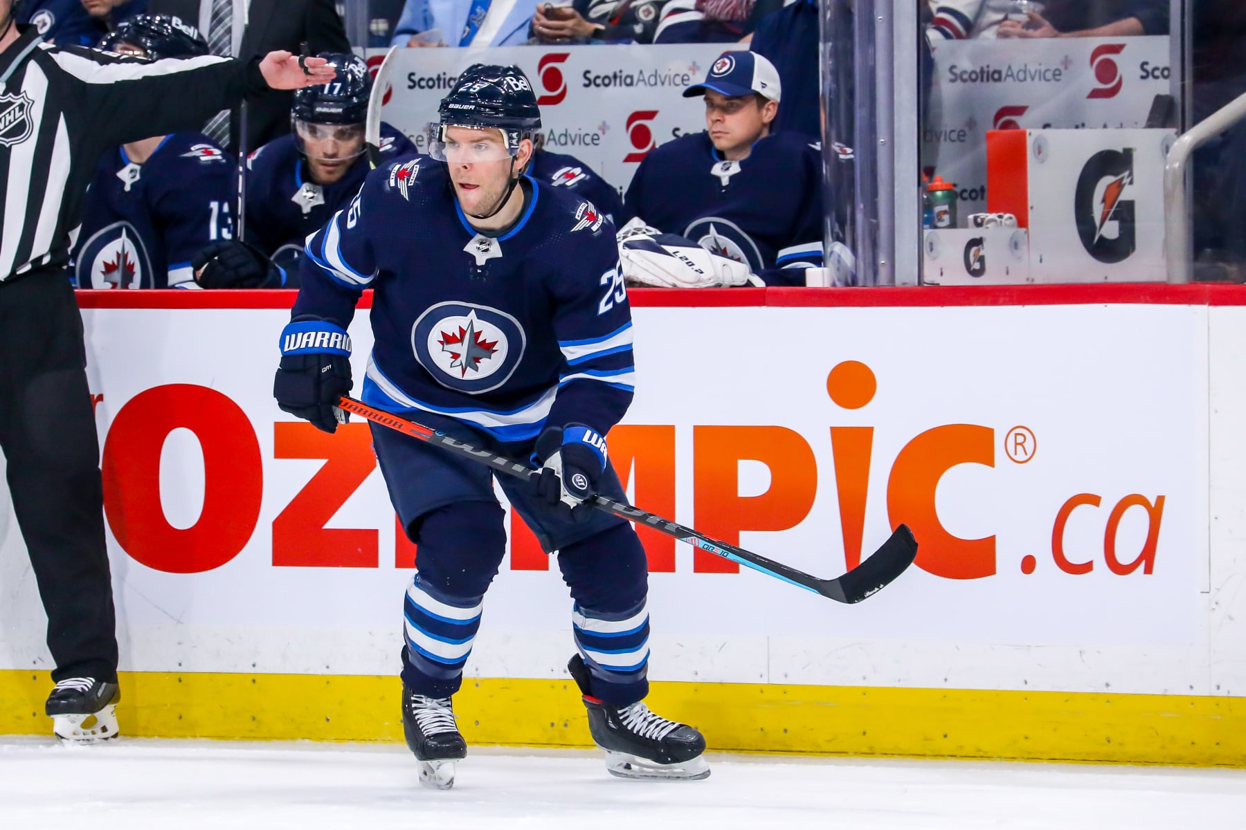 WINNIPEG, MB - APRIL 29: Paul Stastny #25 of the Winnipeg Jets follows the play up the ice during second period action against the Calgary Flames at Canada Life Centre on April 29, 2022 in Winnipeg, Manitoba, Canada. (Photo by Darcy Finley/NHLI via Getty Images)