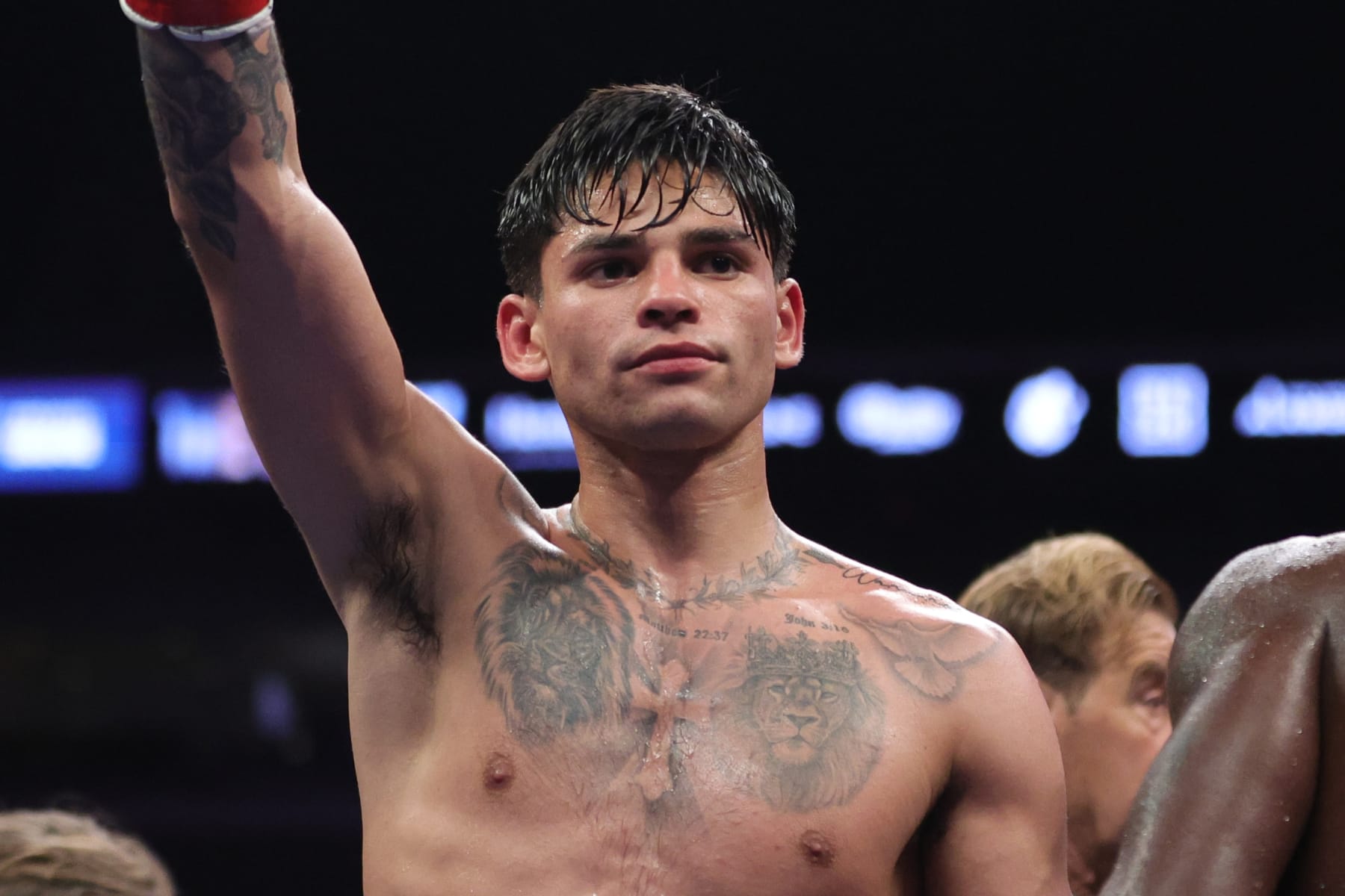 SAN ANTONIO, TEXAS - APRIL 09: Ryan Garcia celebrates defeating Emmanuel Tagoe in their Lightweight bout at the Alamodome on April 09, 2022 in San Antonio, Texas. (Photo by Carmen Mandato/Getty Images)