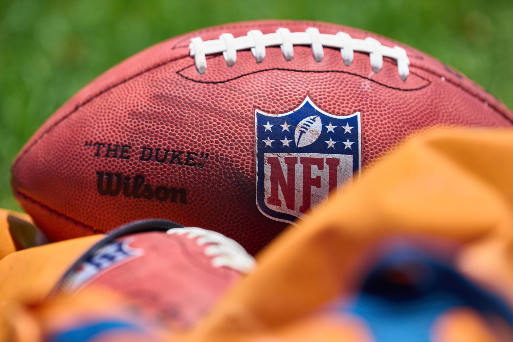 LAKE FOREST, IL - JUNE 14: A detail view of the NFL logo crest is seen on a Wilson football during the the Chicago Bears Minicamp on June 14, 2022 at Halas Hall in Lake Forest, IL. (Photo by Robin Alam/Icon Sportswire via Getty Images)
