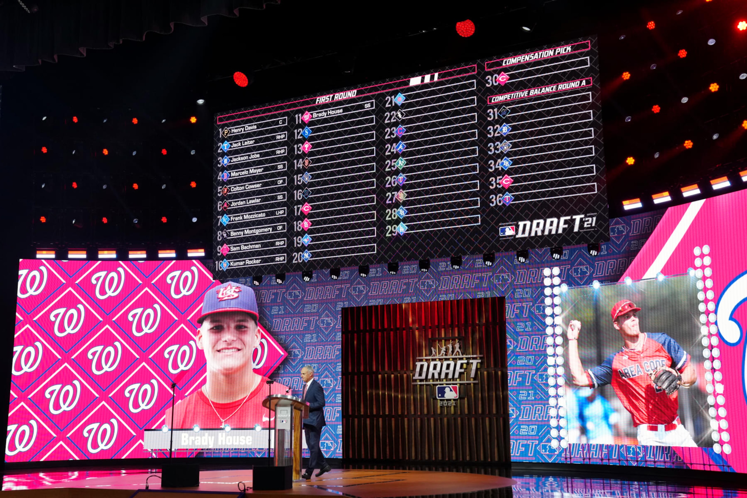 DENVER, CO - JULY 11: MLB Commissioner Rob Manfred announces Brady House as the eleventh overall pick for the Washington Nationals during the 2021 Major Leauge Baseball Draft at Bellco Theater at Colorado Convention Center on Sunday, July 11, 2021 in Denver, Colorado. (Photo by Daniel Shirey/MLB Photos via Getty Images) DENVER, CO - JULY 11: MLB Commissioner Rob Manfred announces Brady House as the eleventh overall pick for the Washington Nationals during the 2021 Major Leauge Baseball Draft at Bellco Theater at Colorado Convention Center on Sunday, July 11, 2021 in Denver, Colorado. (Photo by Daniel Shirey/MLB Photos via Getty Images)