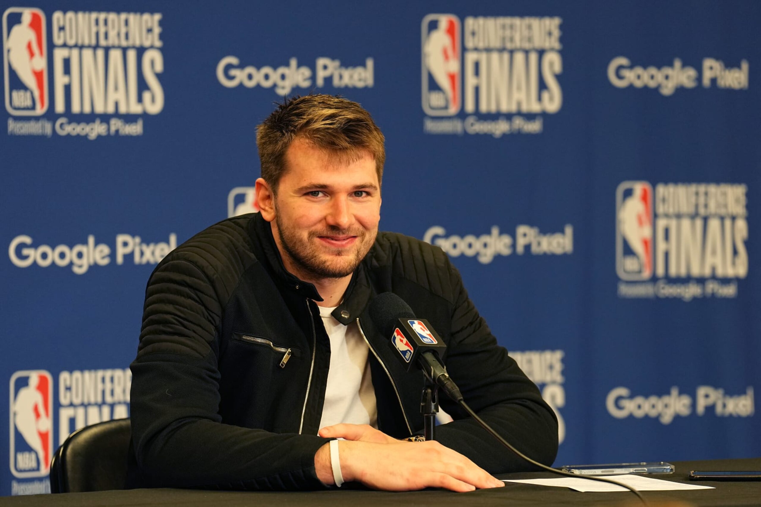 DALLAS, TX - MAY 24: Luka Doncic #77 of the Dallas Mavericks talks to the media after Game 4 of the 2022 NBA Playoffs Western Conference Finals against the Golden State Warriors on May 24, 2022 at the American Airlines Center in Dallas, Texas. NOTE TO USER: User expressly acknowledges and agrees that, by downloading and or using this photograph, User is consenting to the terms and conditions of the Getty Images License Agreement. Mandatory Copyright Notice: Copyright 2022 NBAE (Photo by Glenn James/NBAE via Getty Images)
