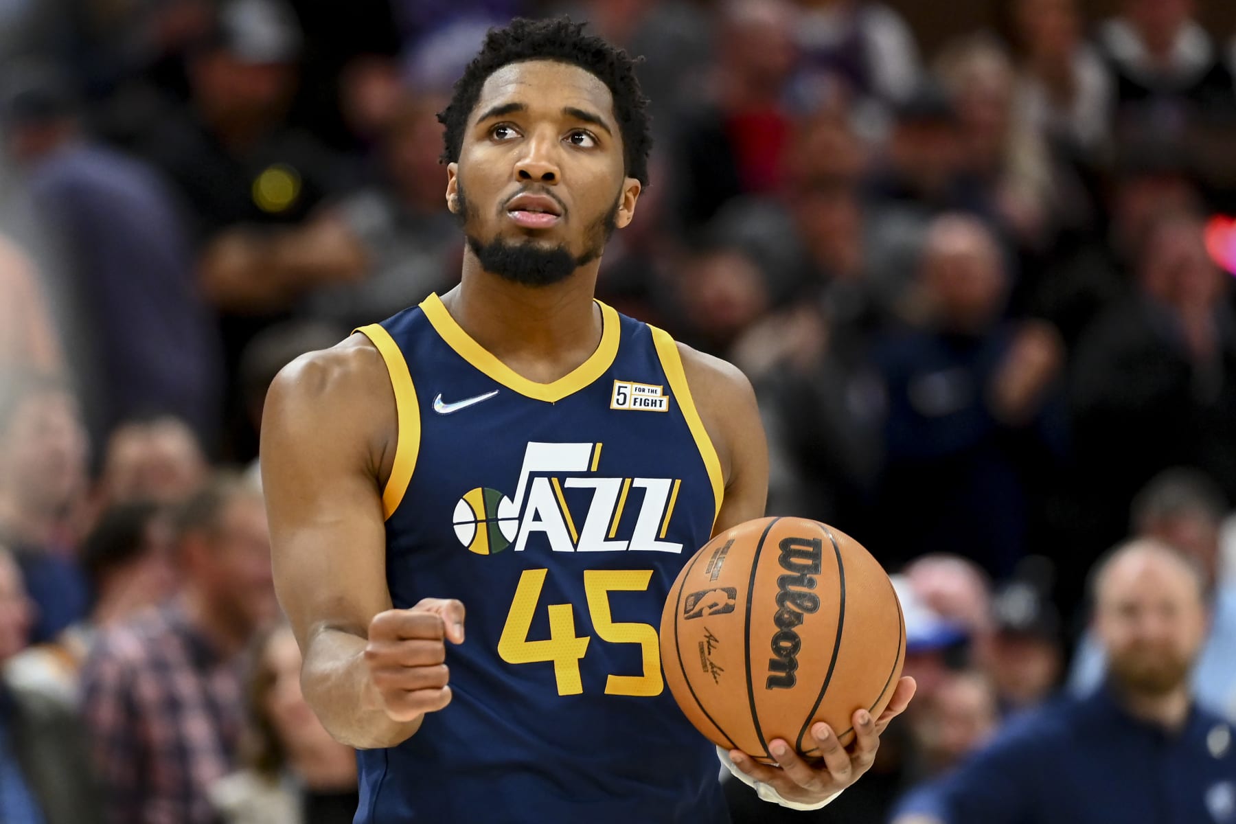 SALT LAKE CITY, UTAH - APRIL 05: Donovan Mitchell #45 of the Utah Jazz celebrates a win in overtime during a game against the Memphis Grizzlies at Vivint Smart Home Arena on April 05, 2022 in Salt Lake City, Utah. NOTE TO USER: User expressly acknowledges and agrees that, by downloading and or using this photograph, User is consenting to the terms and conditions of the Getty Images License Agreement. (Photo by Alex Goodlett/Getty Images)