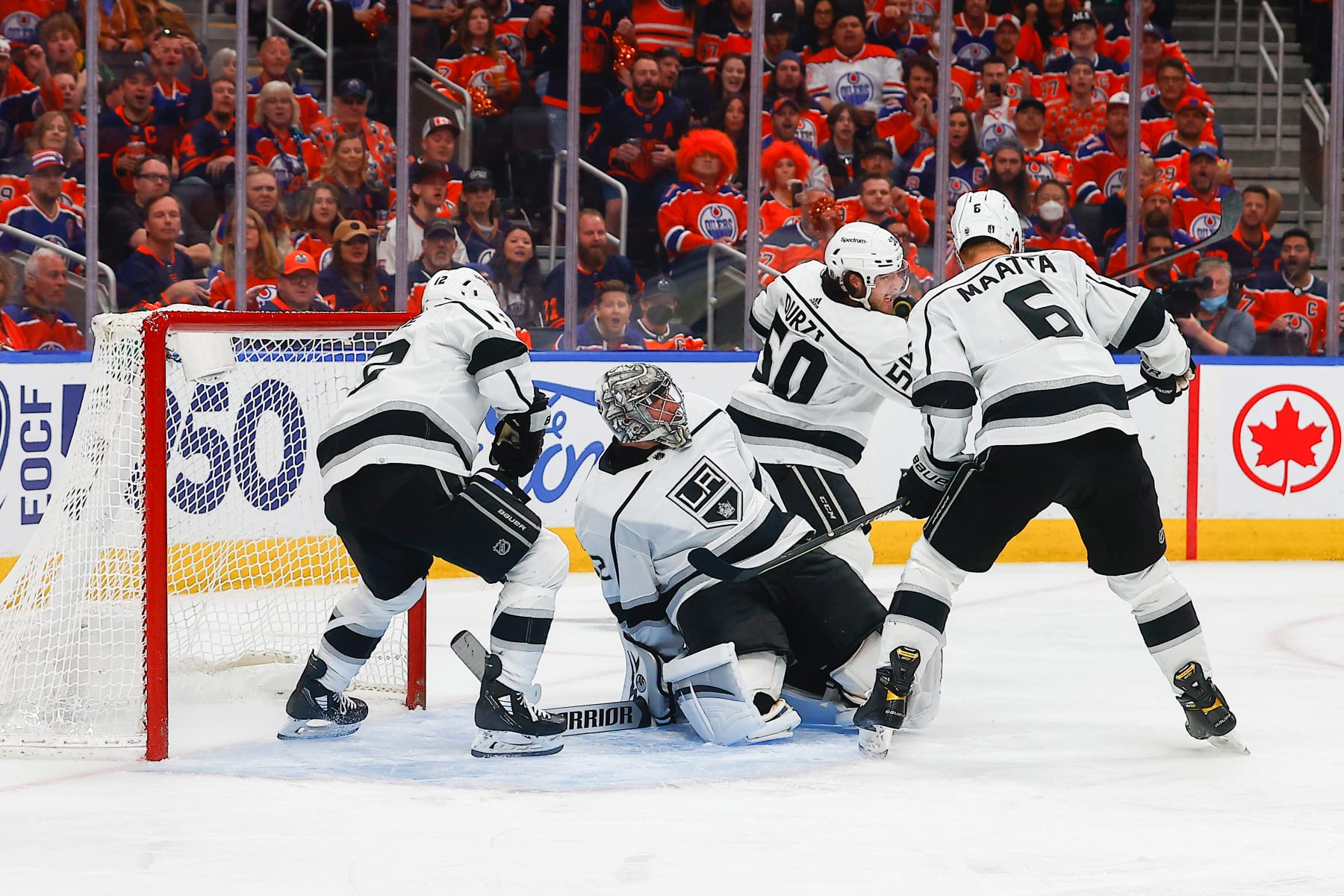 EDMONTON, AB - MAY 14: Los Angeles Kings Right Wing Dustin Brown (23) checks behind himself after making a save in the third period during the Edmonton Oilers versus the Los Angeles Kings Stanley Cup playoffs round 1, game 7 on May 14, 2022 at Rogers Place in Edmonton, AB. (Photo by Curtis Comeau/Icon Sportswire via Getty Images)