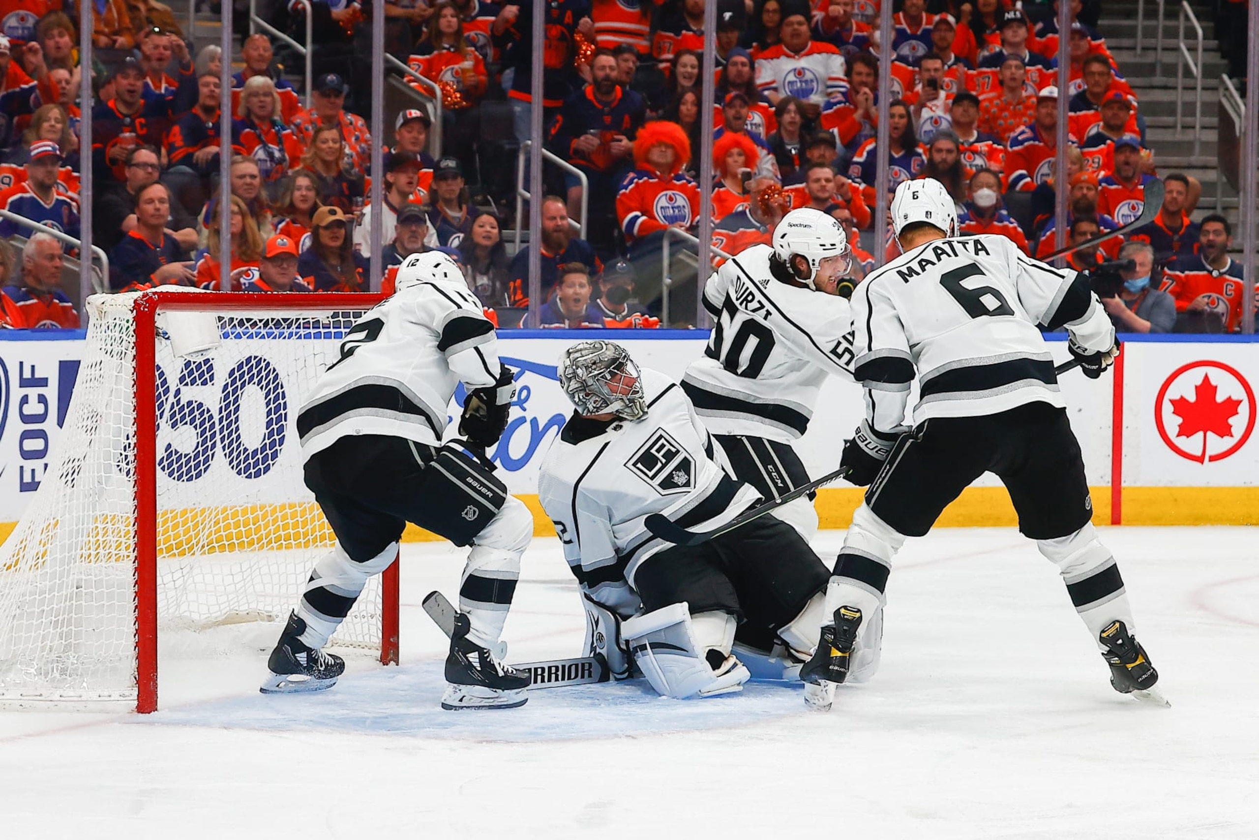 EDMONTON, AB - MAY 14: Los Angeles Kings Right Wing Dustin Brown (23) checks behind himself after making a save in the third period during the Edmonton Oilers versus the Los Angeles Kings Stanley Cup playoffs round 1, game 7 on May 14, 2022 at Rogers Place in Edmonton, AB. (Photo by Curtis Comeau/Icon Sportswire via Getty Images)